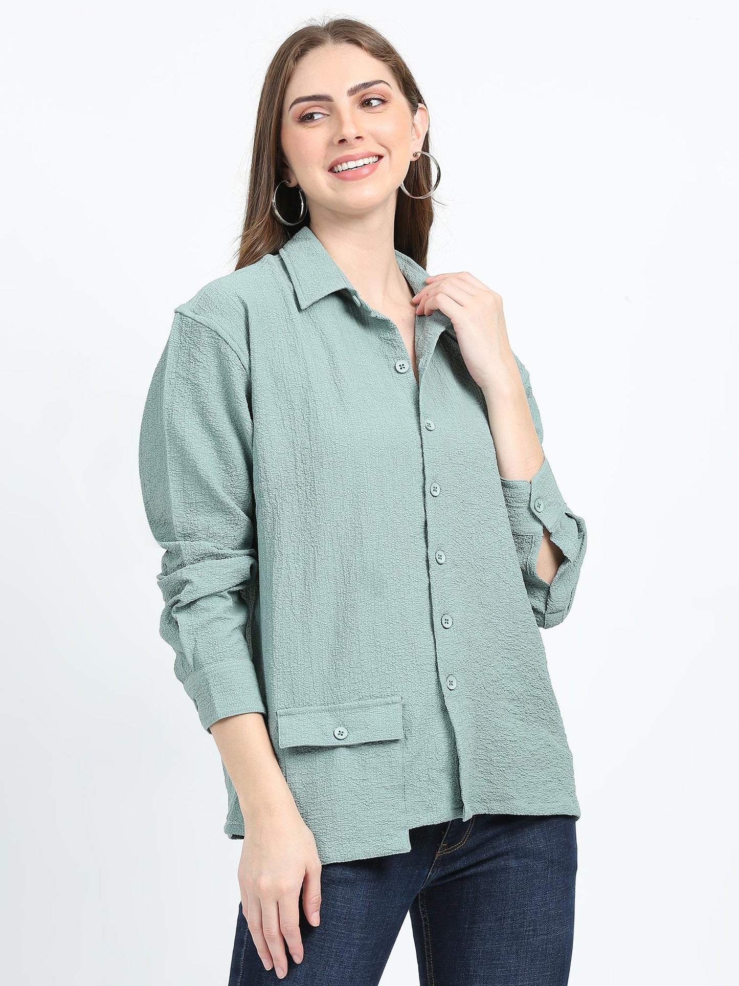 Women Drop pocket Popcorn oversized shirt-Fern