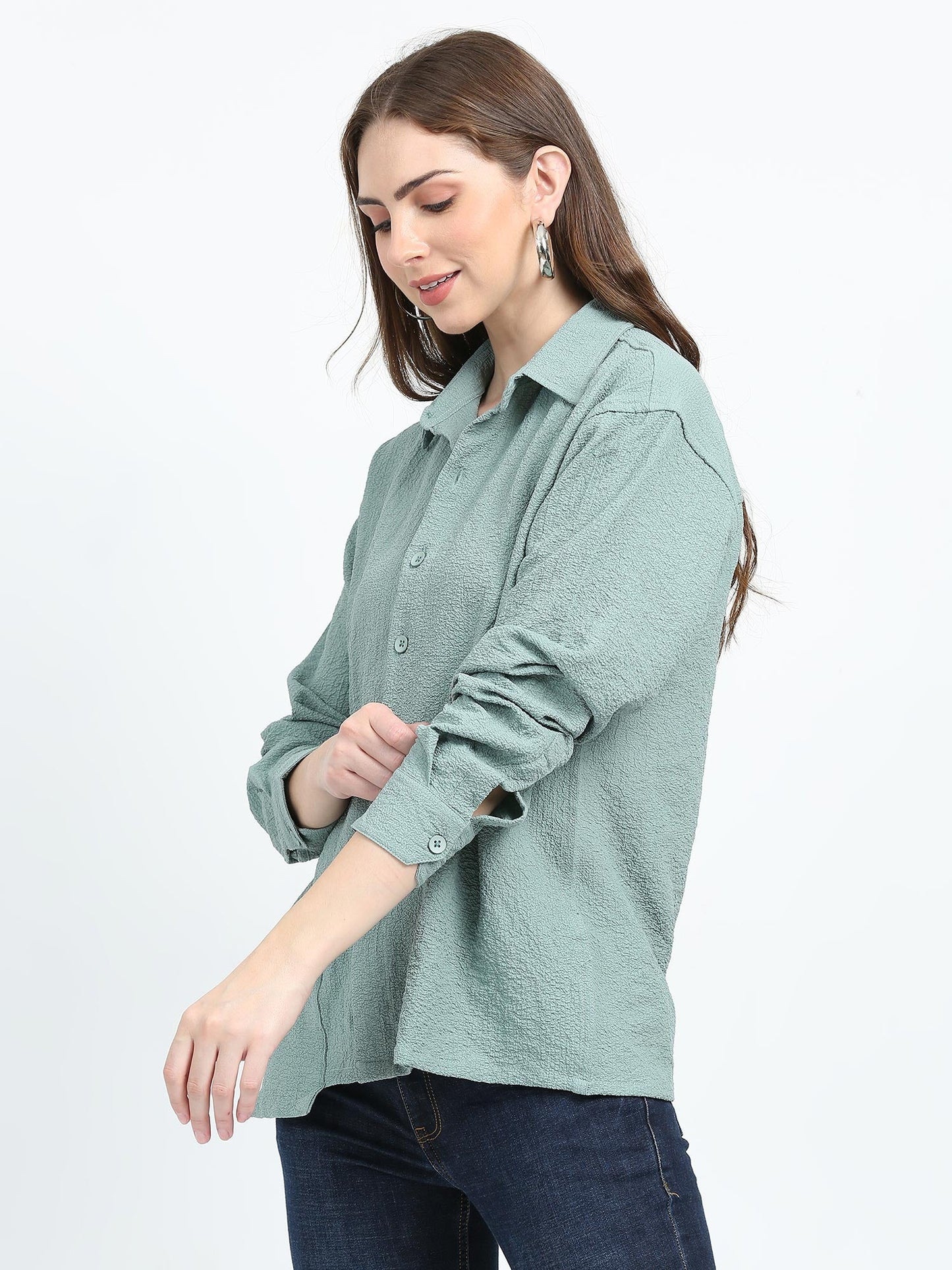 Women Drop pocket Popcorn oversized shirt-Fern