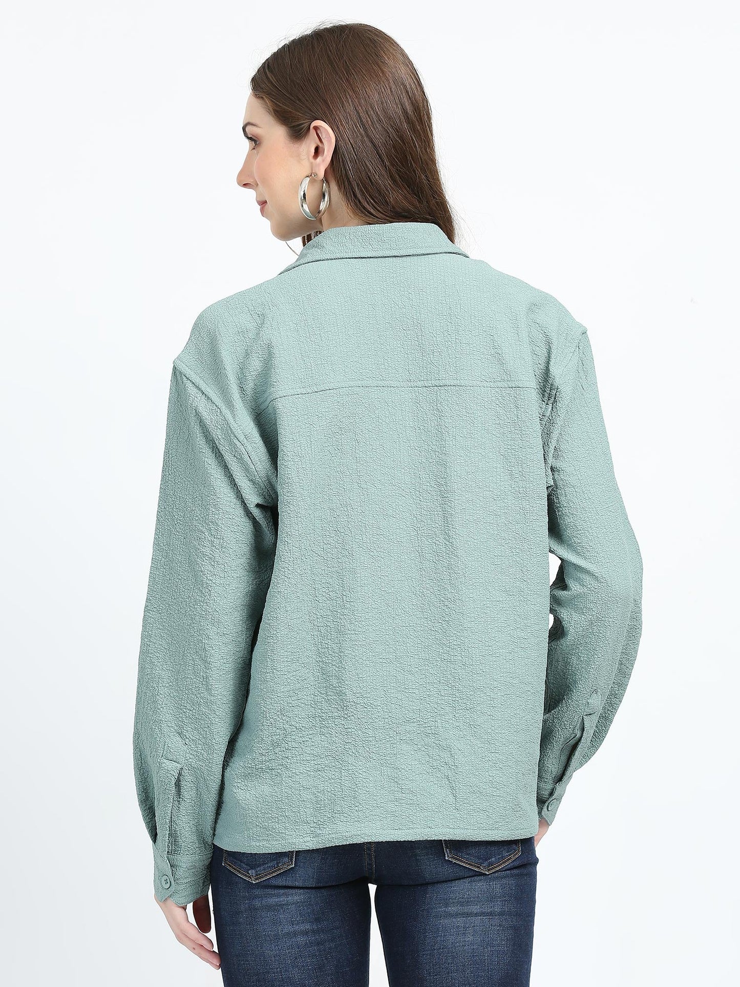 Women Drop pocket Popcorn oversized shirt-Fern