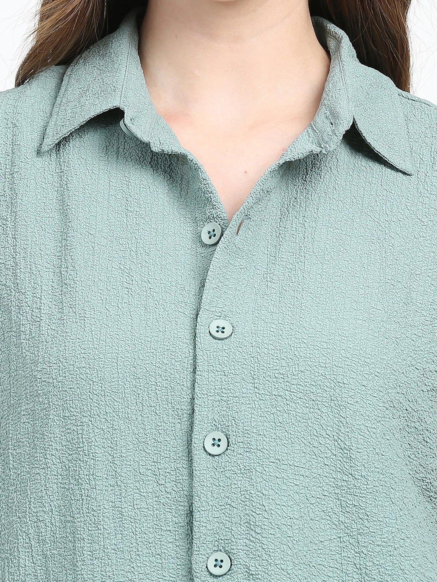 Women Drop pocket Popcorn oversized shirt-Fern