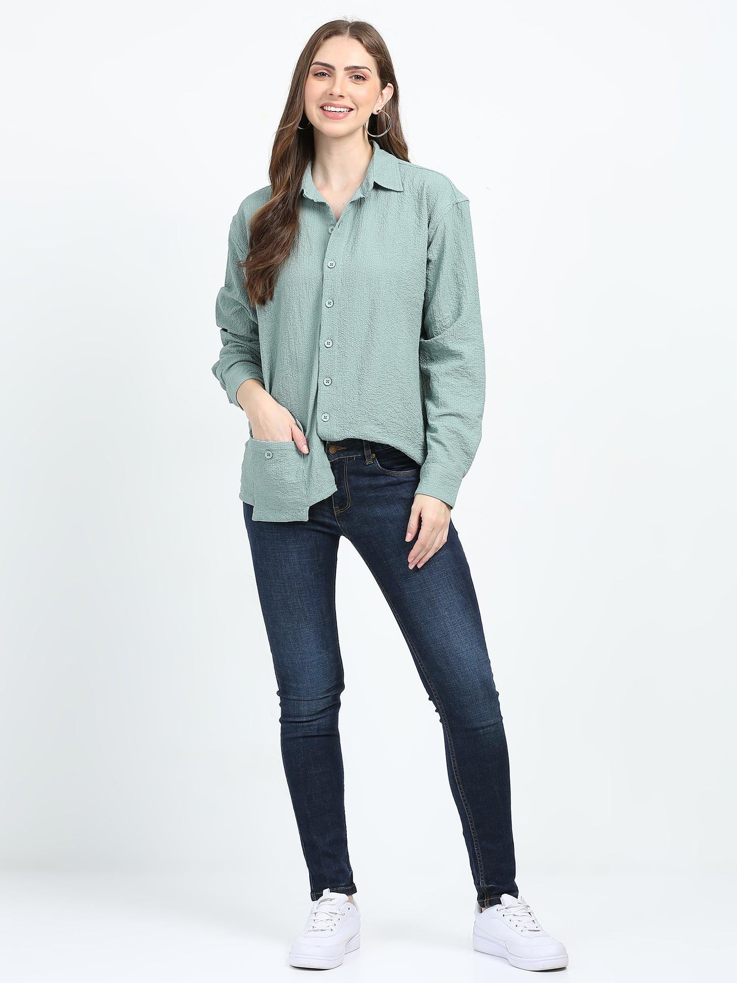 Women Drop pocket Popcorn oversized shirt-Fern
