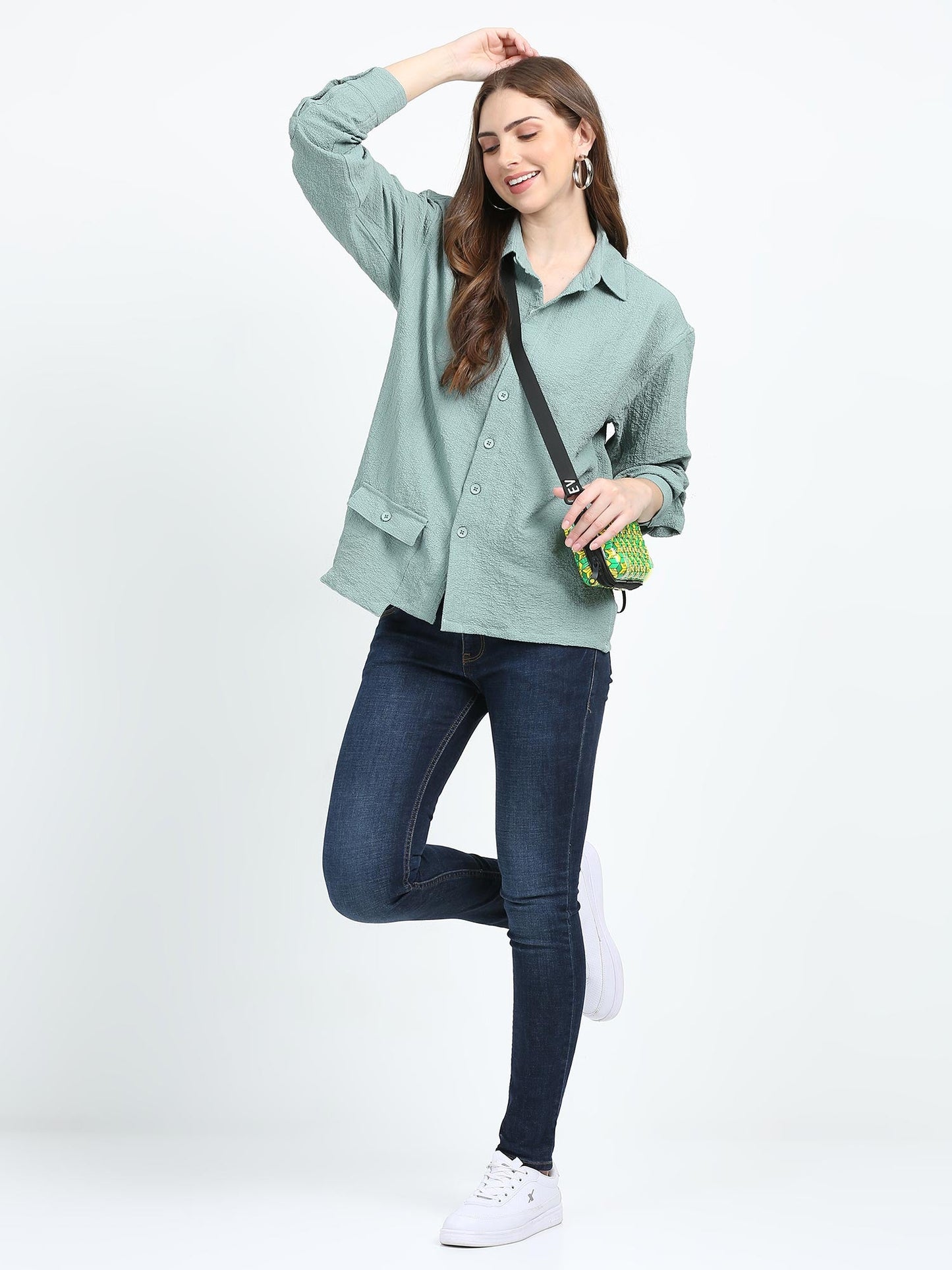 Women Drop pocket Popcorn oversized shirt-Fern