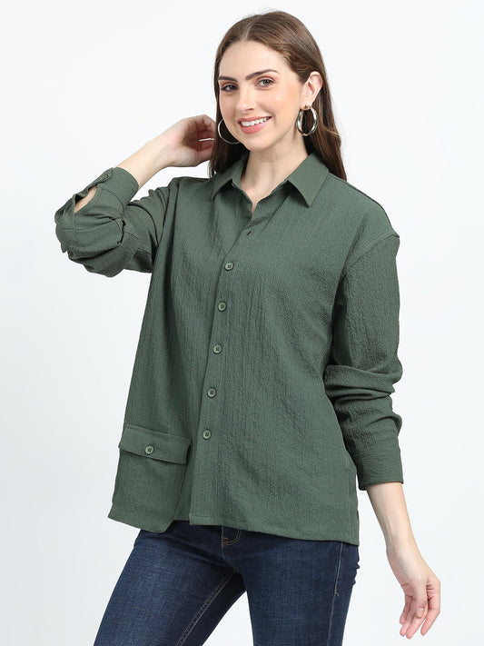 Women Drop pocket Popcorn oversized shirt-Olive