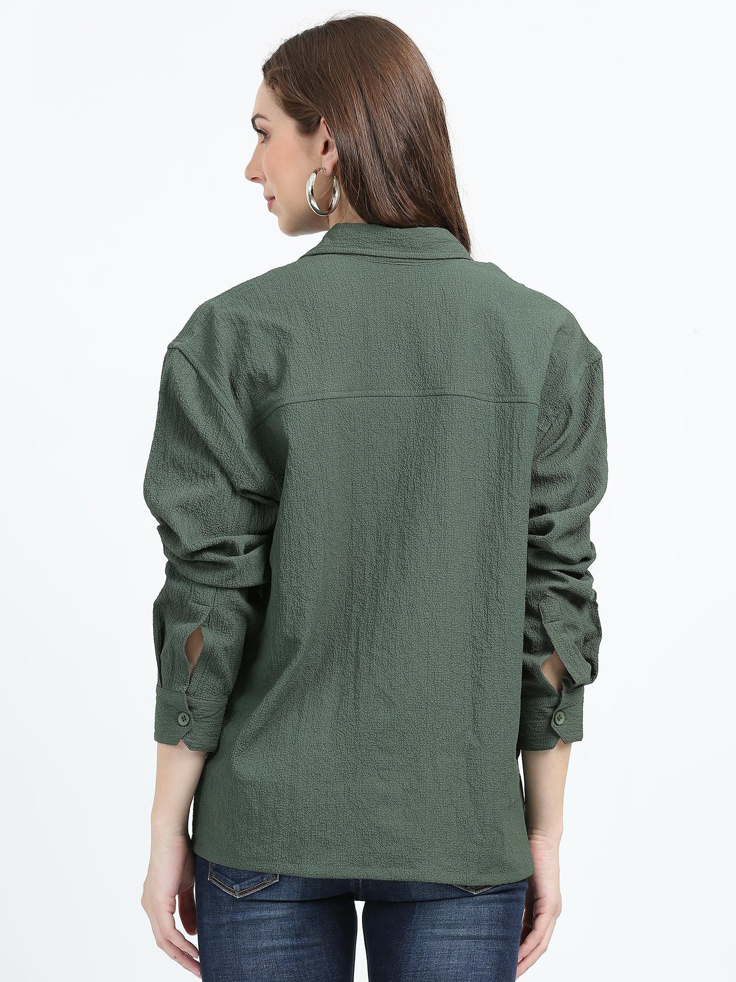 Women Drop pocket Popcorn oversized shirt-Olive