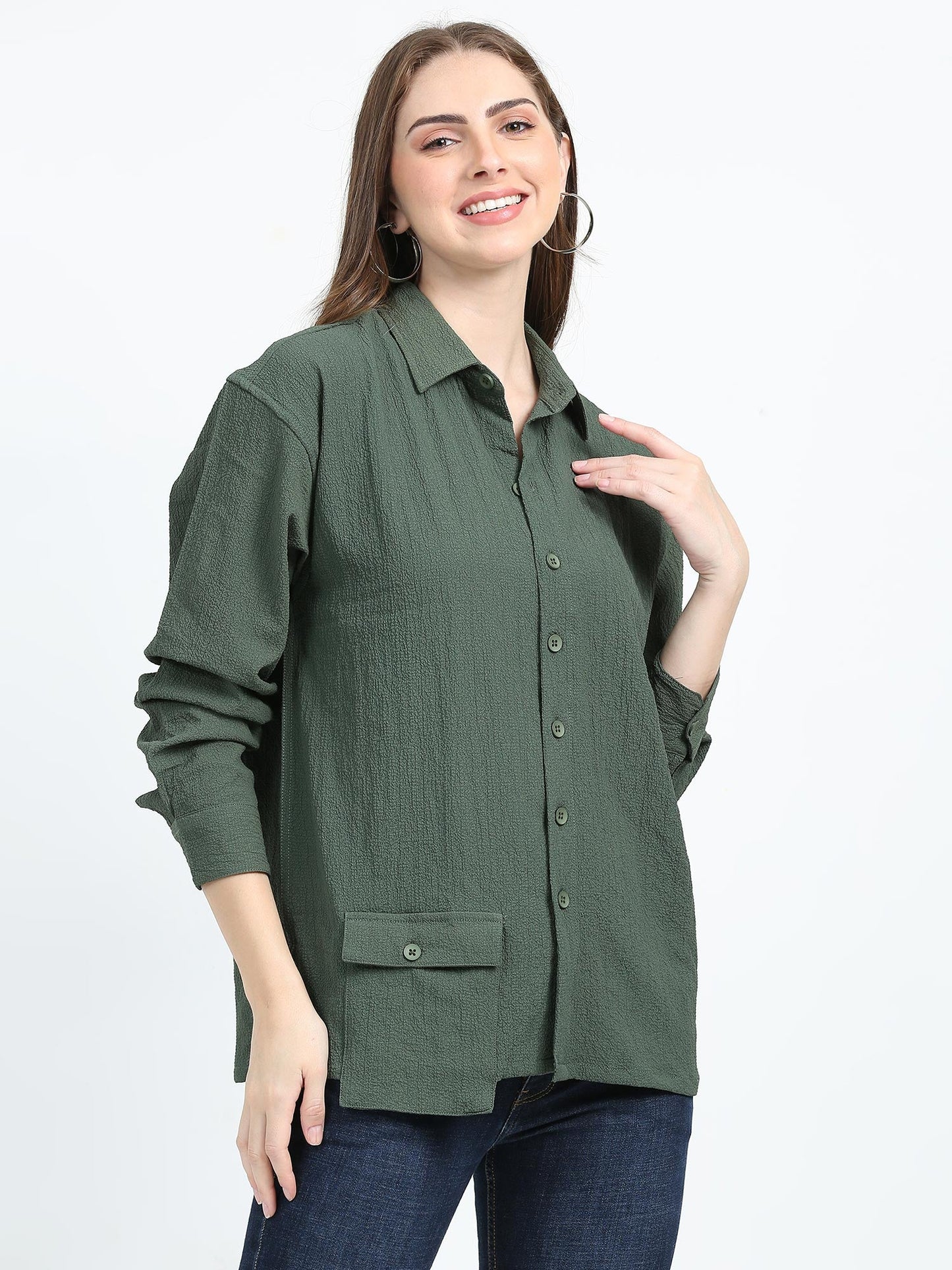 Women Drop pocket Popcorn oversized shirt-Olive