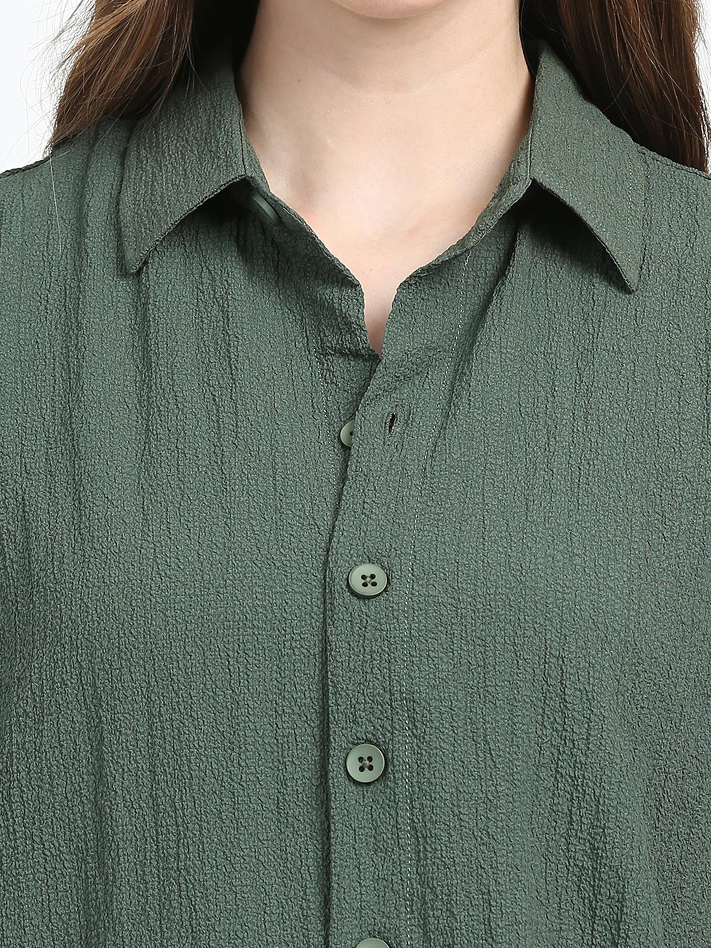 Women Drop pocket Popcorn oversized shirt-Olive