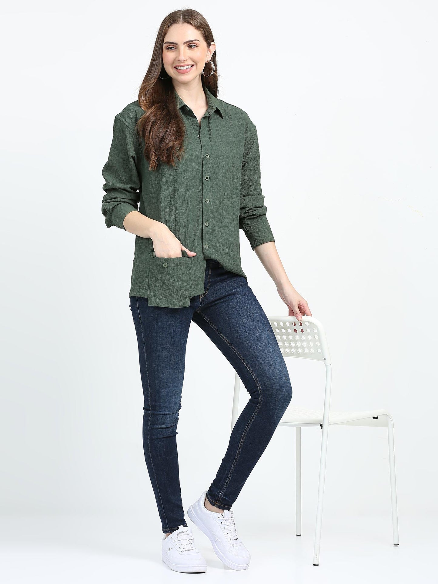 Women Drop pocket Popcorn oversized shirt-Olive