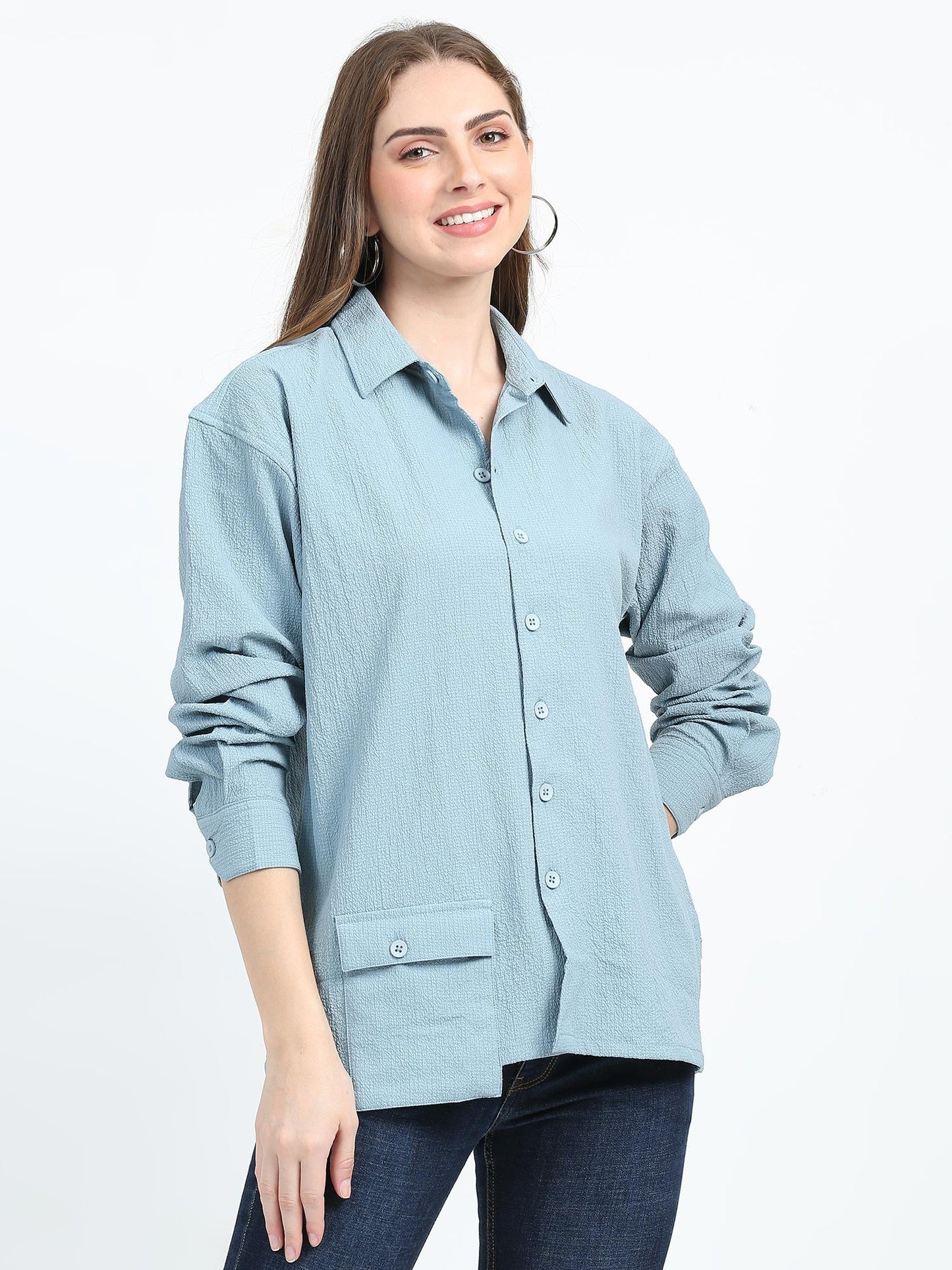 Women Drop pocket Popcorn oversized shirt-Mint