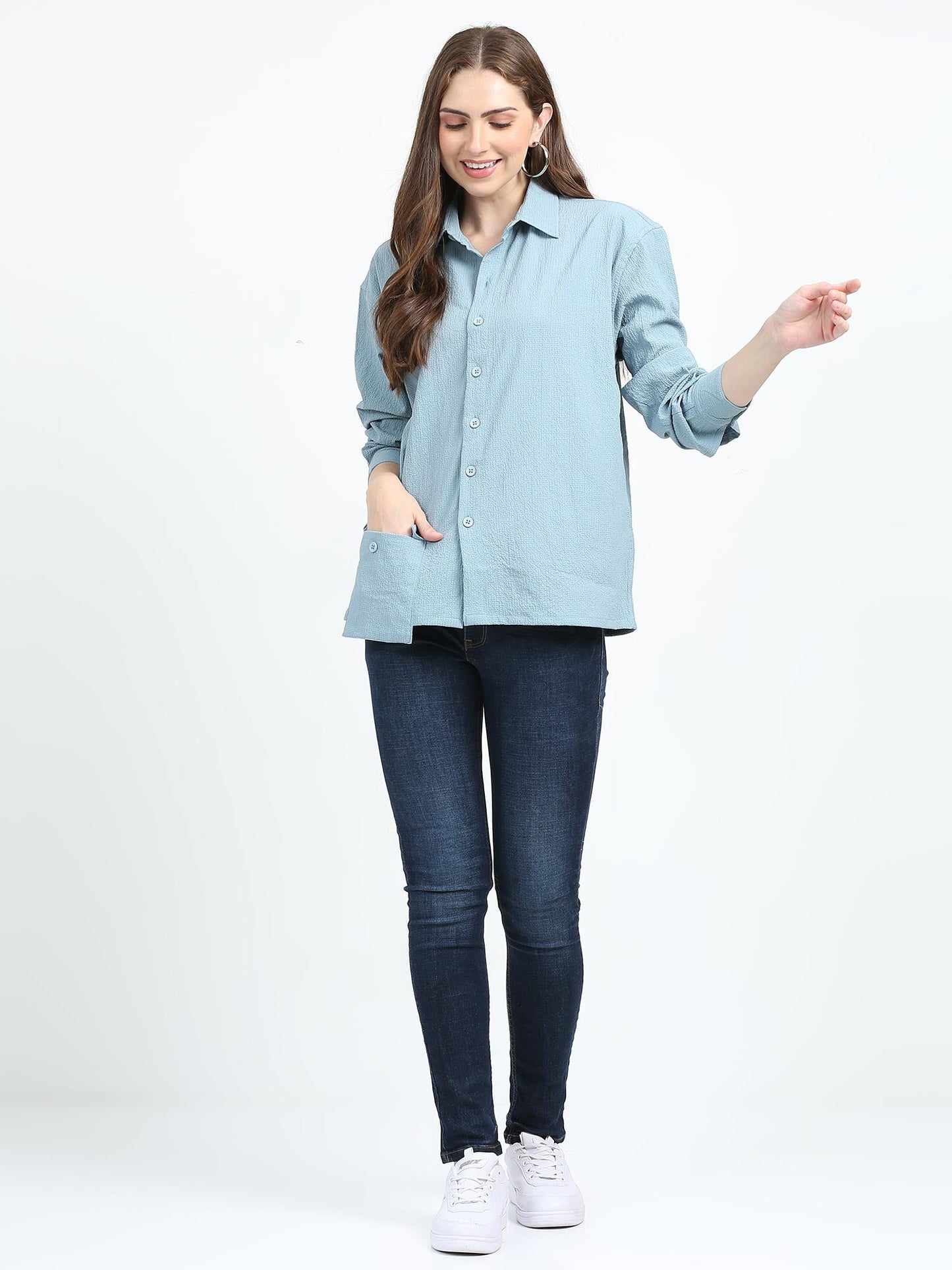 Women Drop pocket Popcorn oversized shirt-Mint