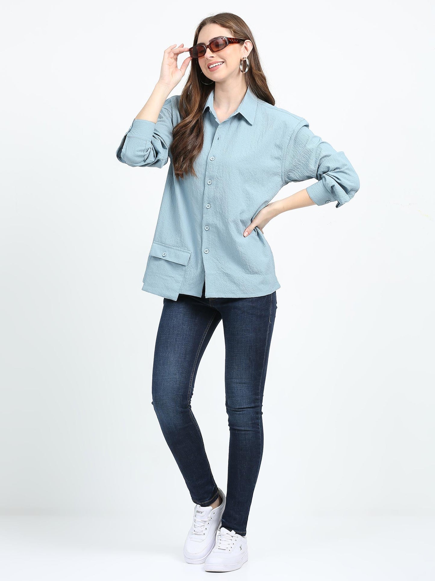 Women Drop pocket Popcorn oversized shirt-Mint