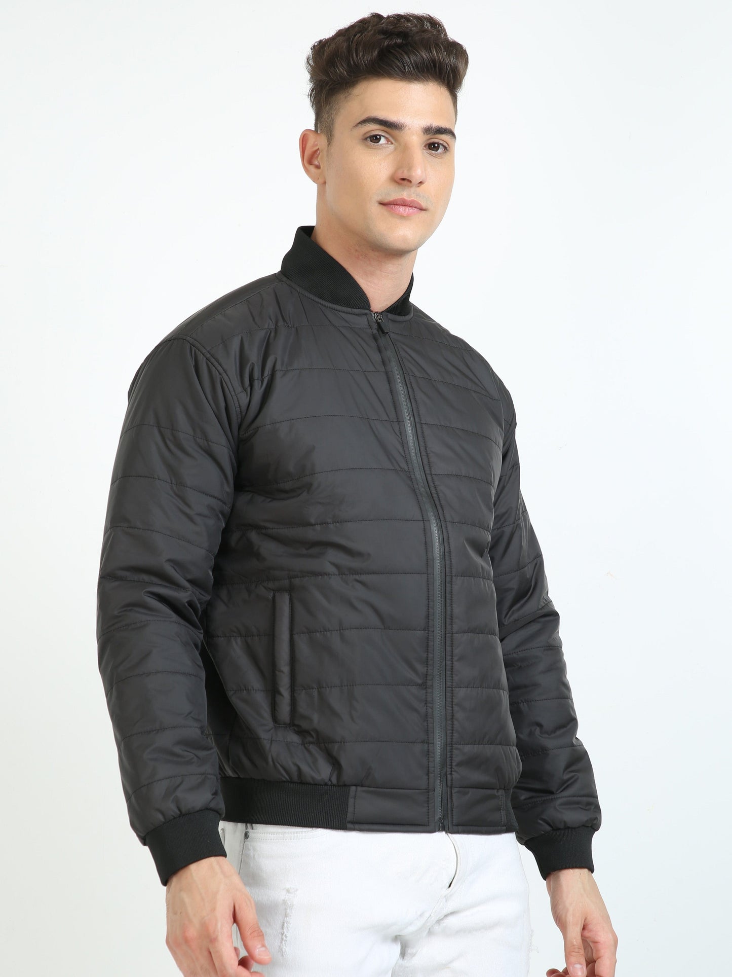Men Black Bomber Rib Style Jacket