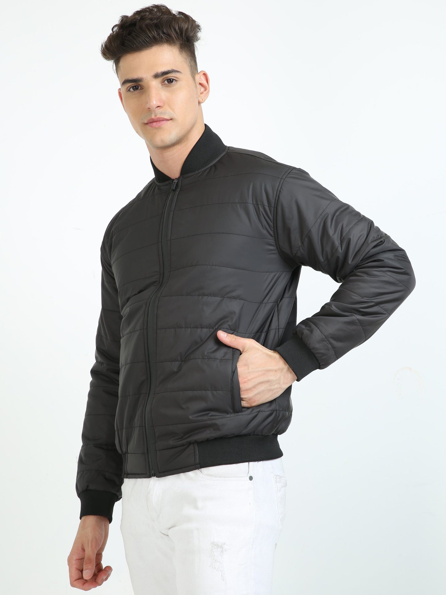 Men Black Bomber Rib Style Jacket