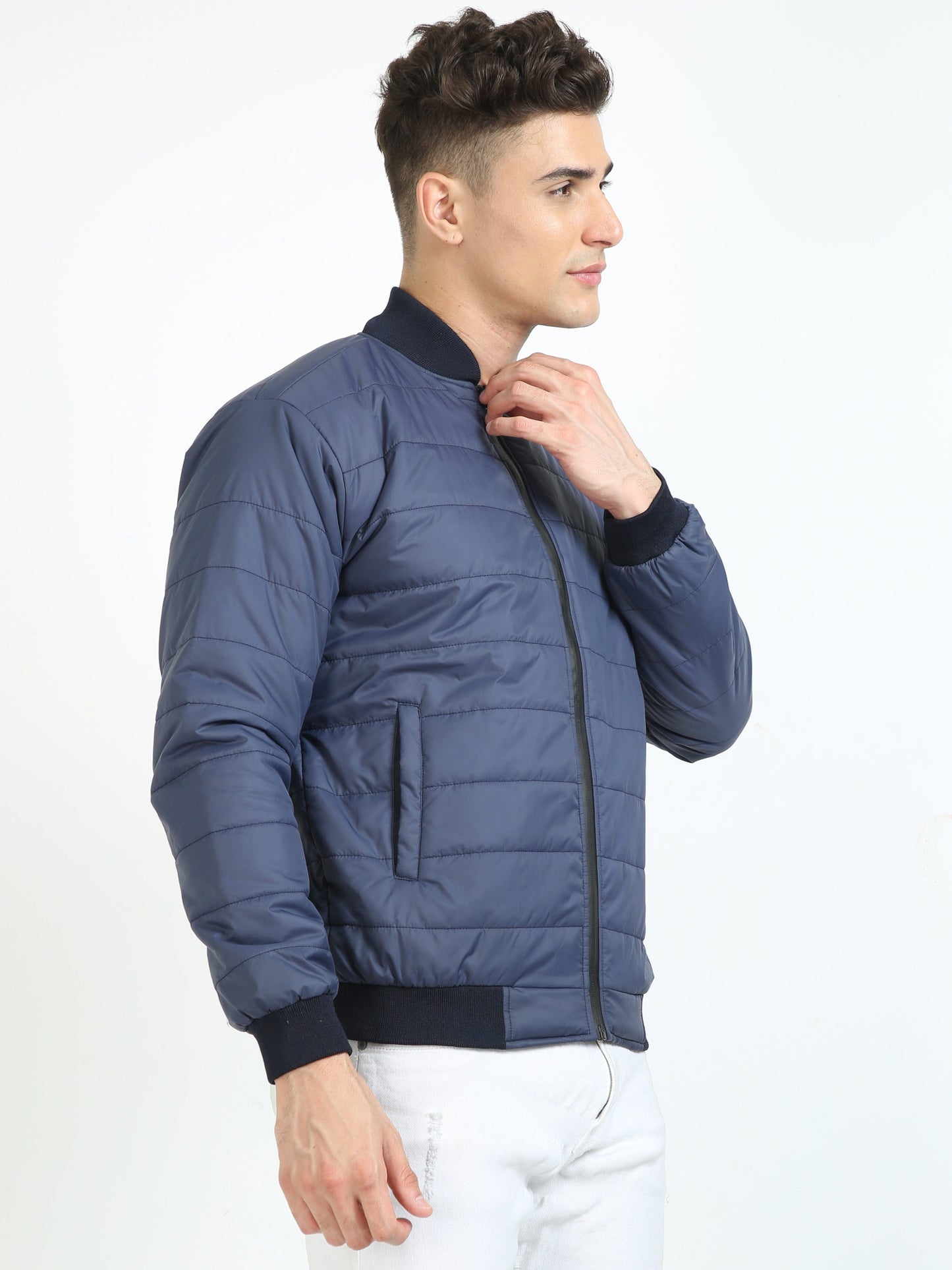 Men Navy Blue Bomber Rib Style Jacket