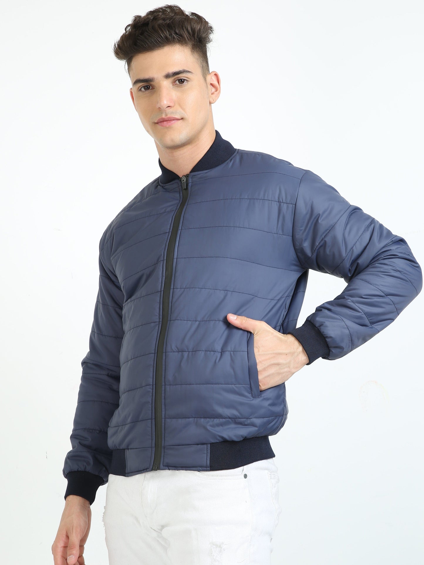 Men Navy Blue Bomber Rib Style Jacket