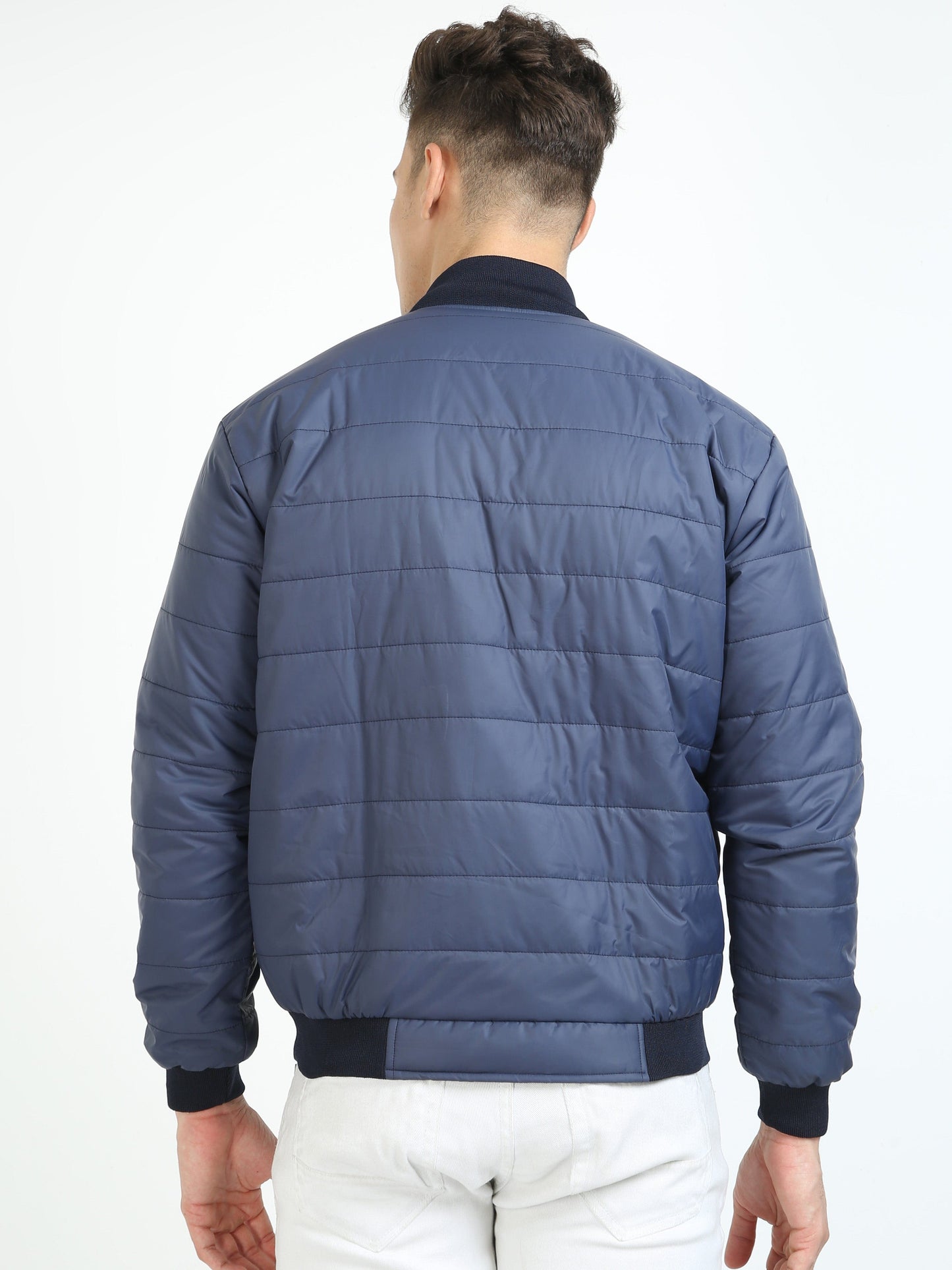 Men Navy Blue Bomber Rib Style Jacket
