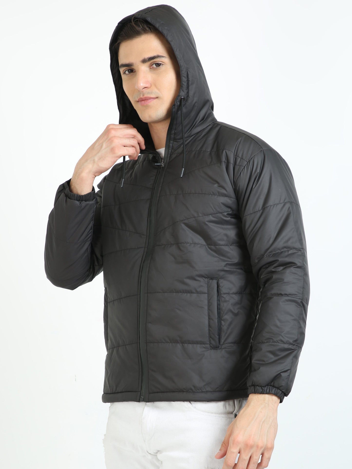Men Black Bomber Jacket with Hood