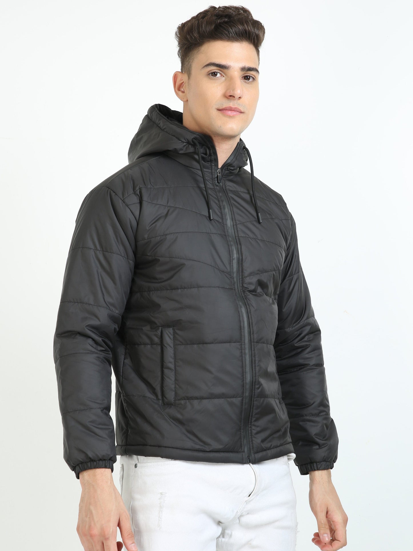 Men Black Bomber Jacket with Hood