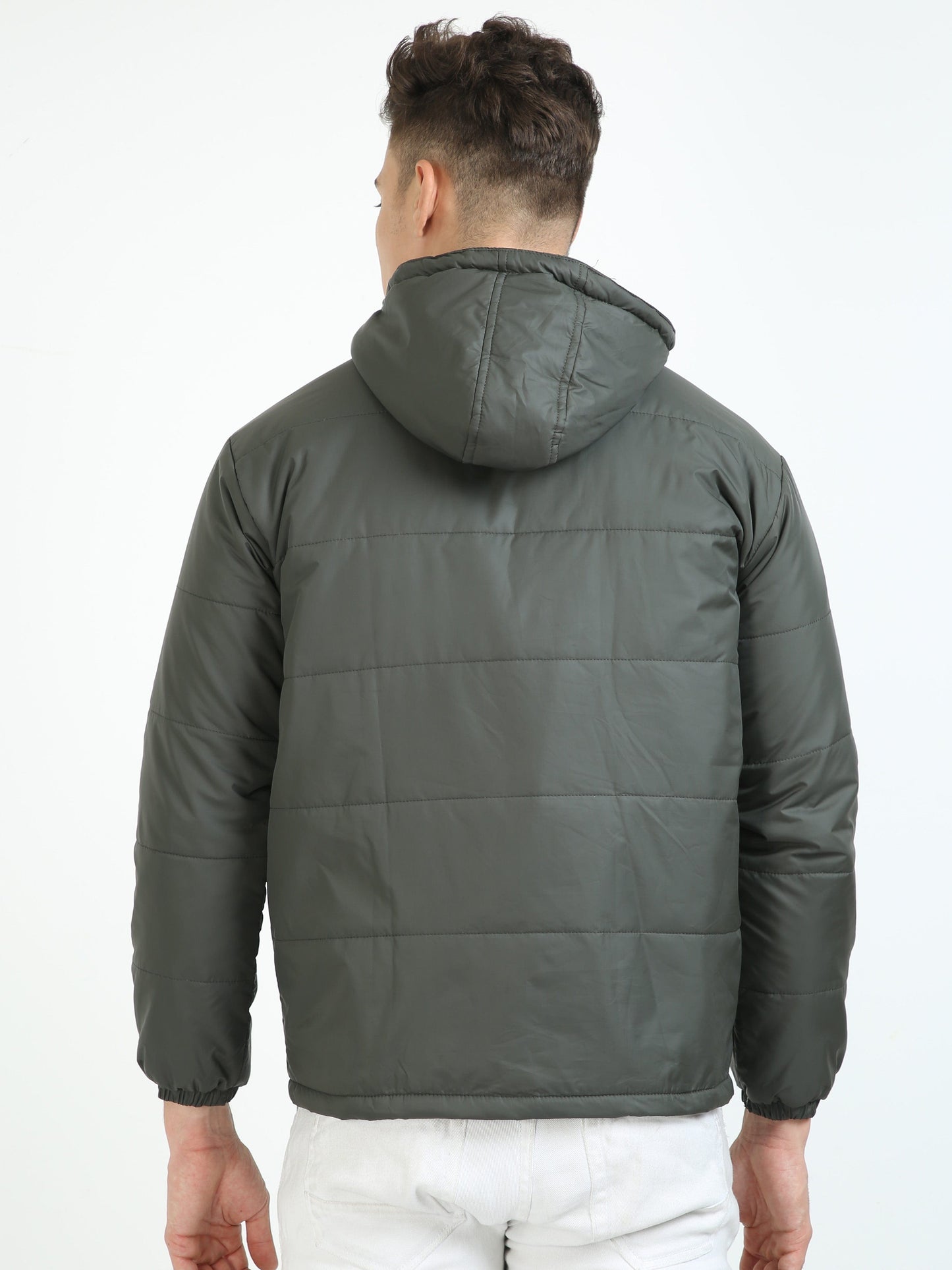 Men Olive Green Bomber Jacket with Hood