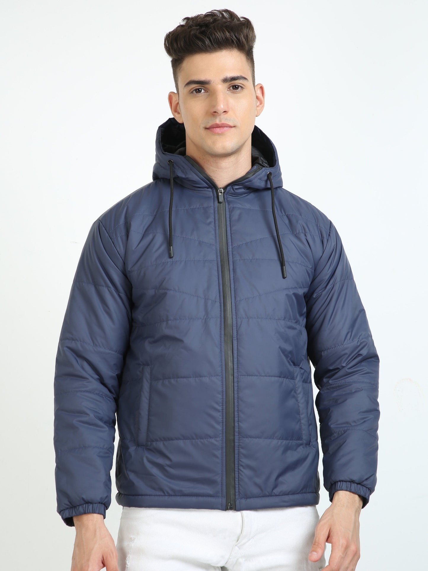 Men Navy Blue Bomber Jacket with Hood
