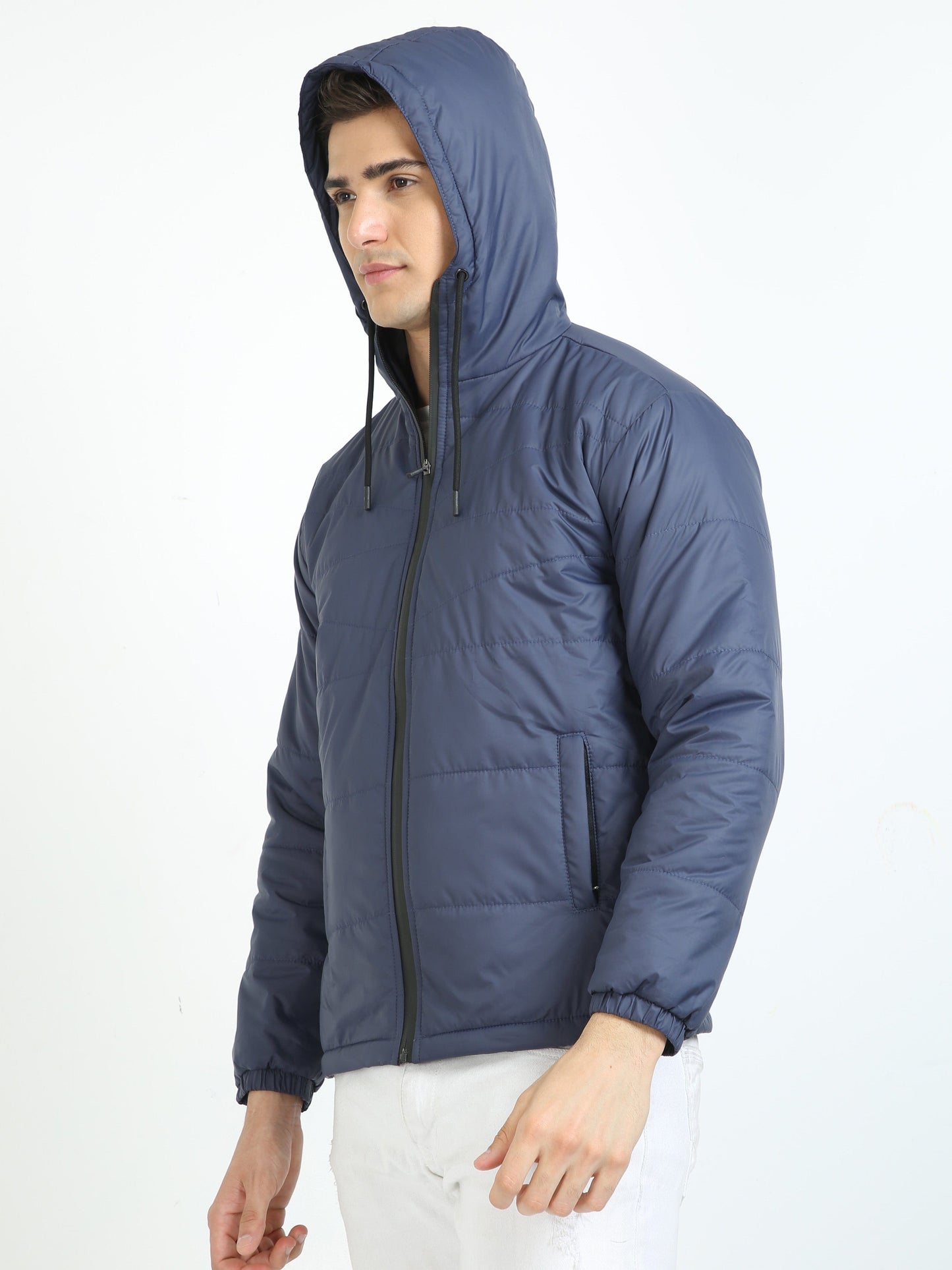 Men Navy Blue Bomber Jacket with Hood