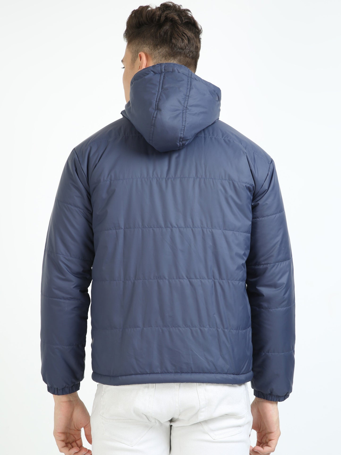 Men Navy Blue Bomber Jacket with Hood