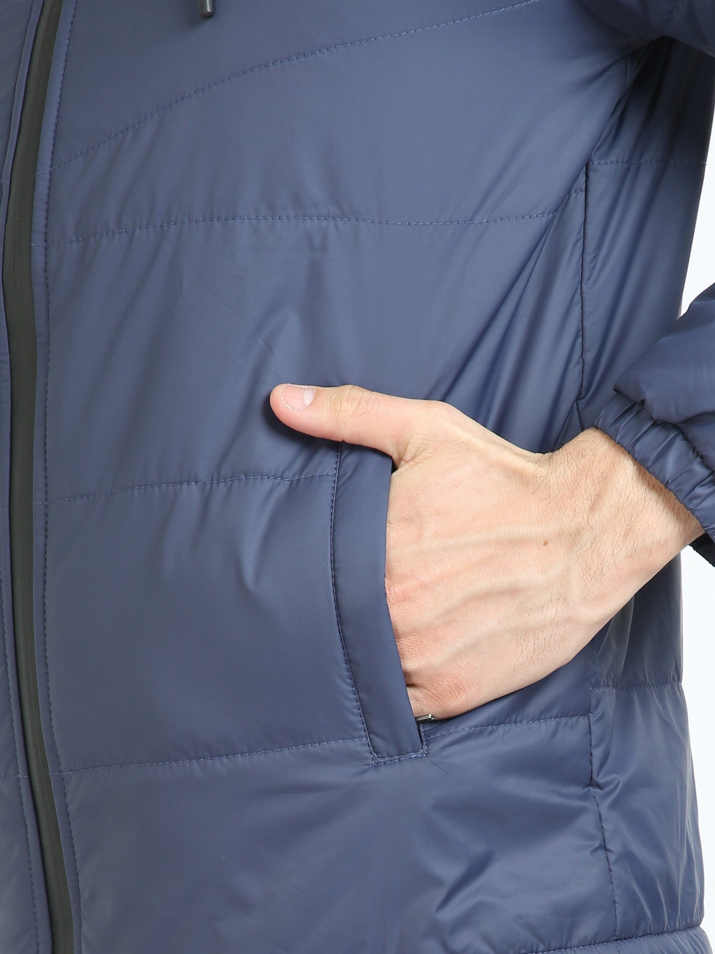 Men Navy Blue Bomber Jacket with Hood