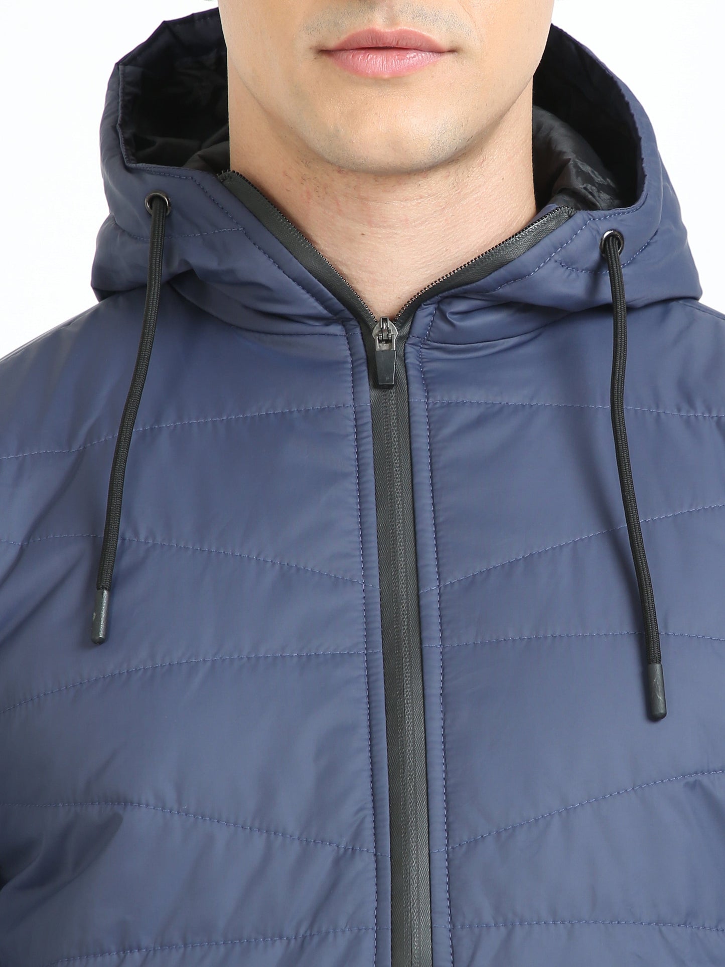 Men Navy Blue Bomber Jacket with Hood