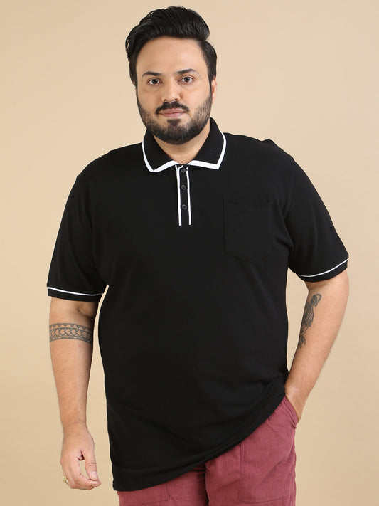 Plus Contrast Collar Polo Black T Shirt for Men