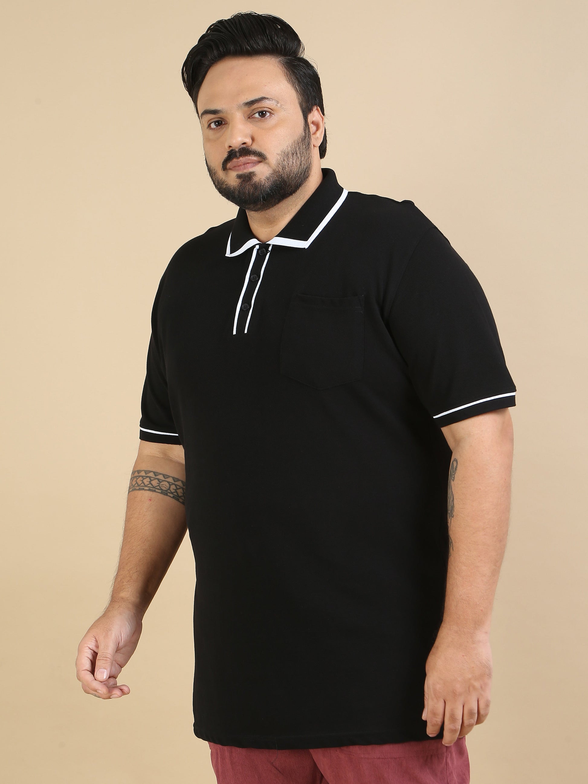 Plus Contrast Collar Polo Black T Shirt for Men