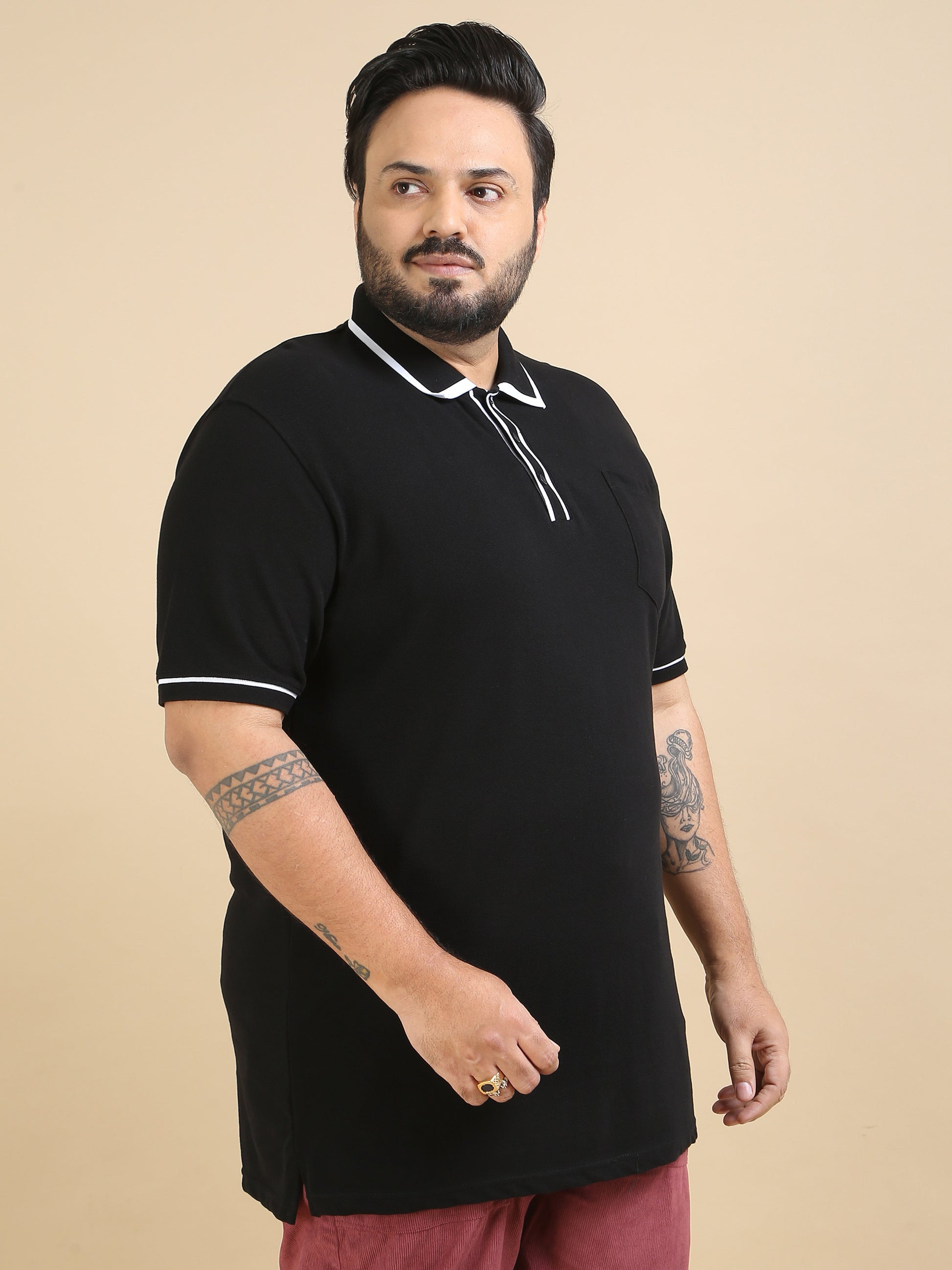 Plus Contrast Collar Polo Black T Shirt for Men
