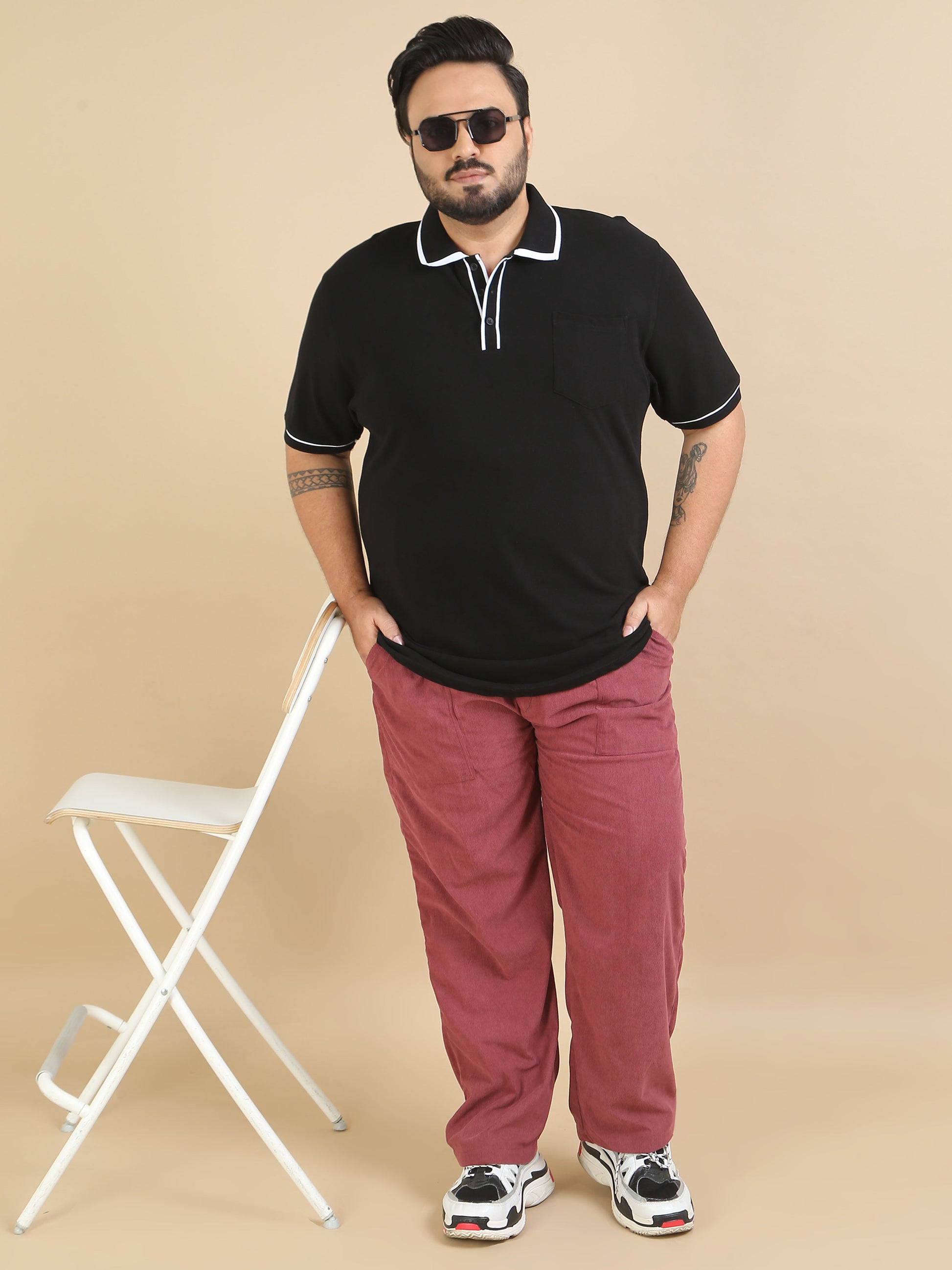 Plus Contrast Collar Polo Black T Shirt for Men