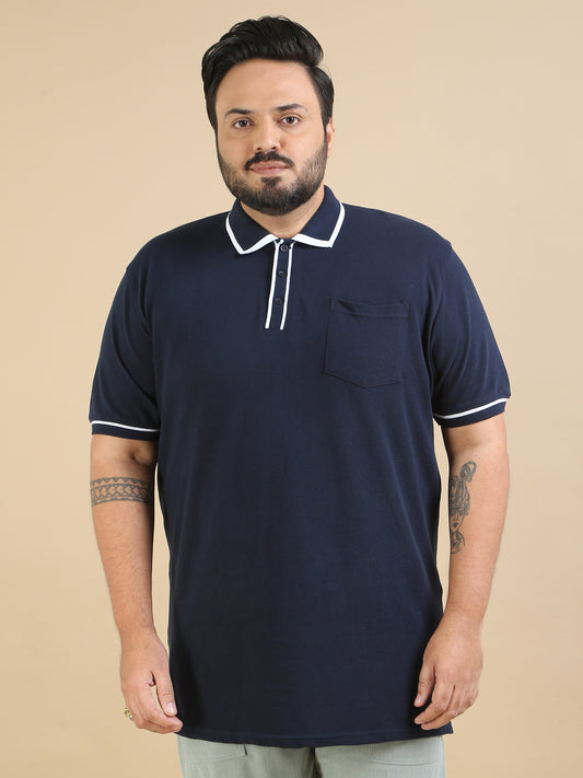Mens Navy Blue T Shirt Plus Size Contrast Collar Polo 