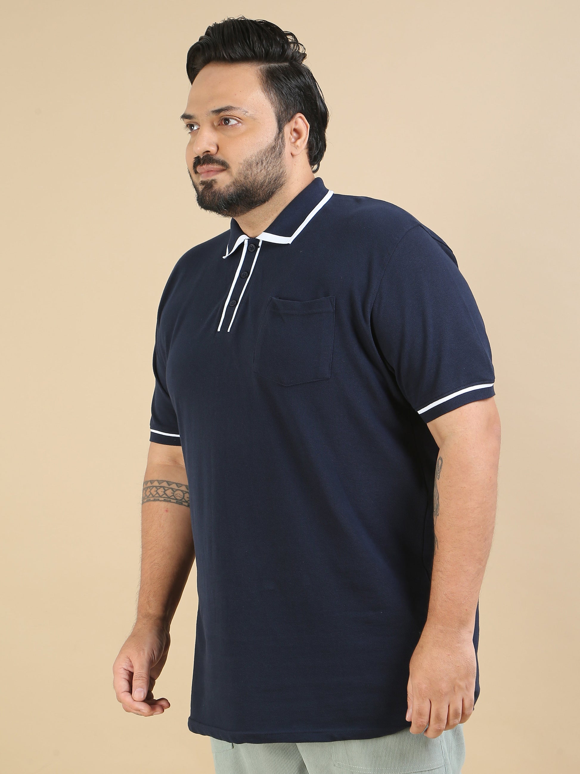 Mens Navy Blue T Shirt Plus Size Contrast Collar Polo 