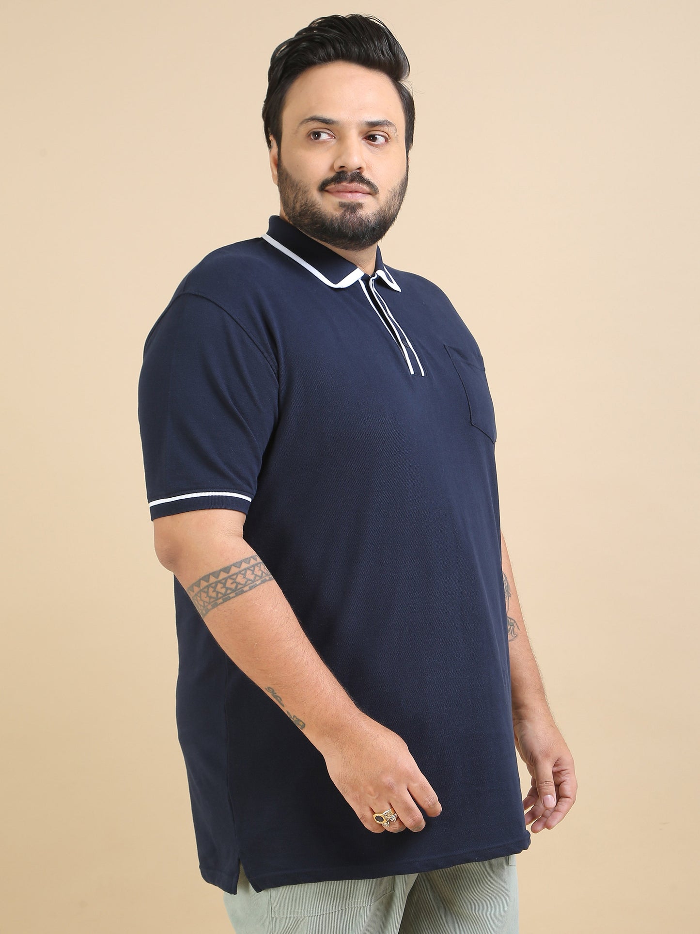 Mens Navy Blue T Shirt Plus Size Contrast Collar Polo 