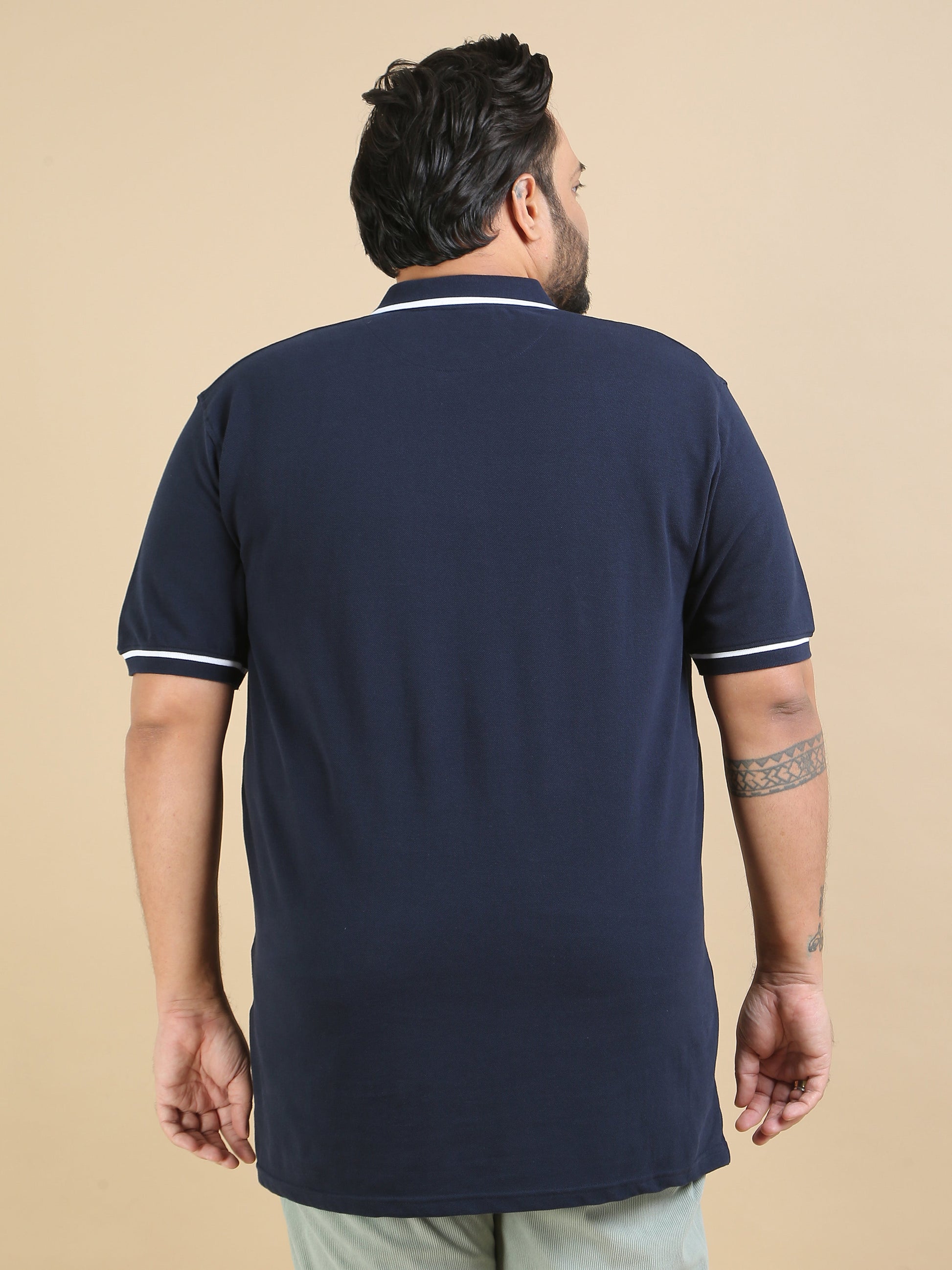 Mens Navy Blue T Shirt Plus Size Contrast Collar Polo 