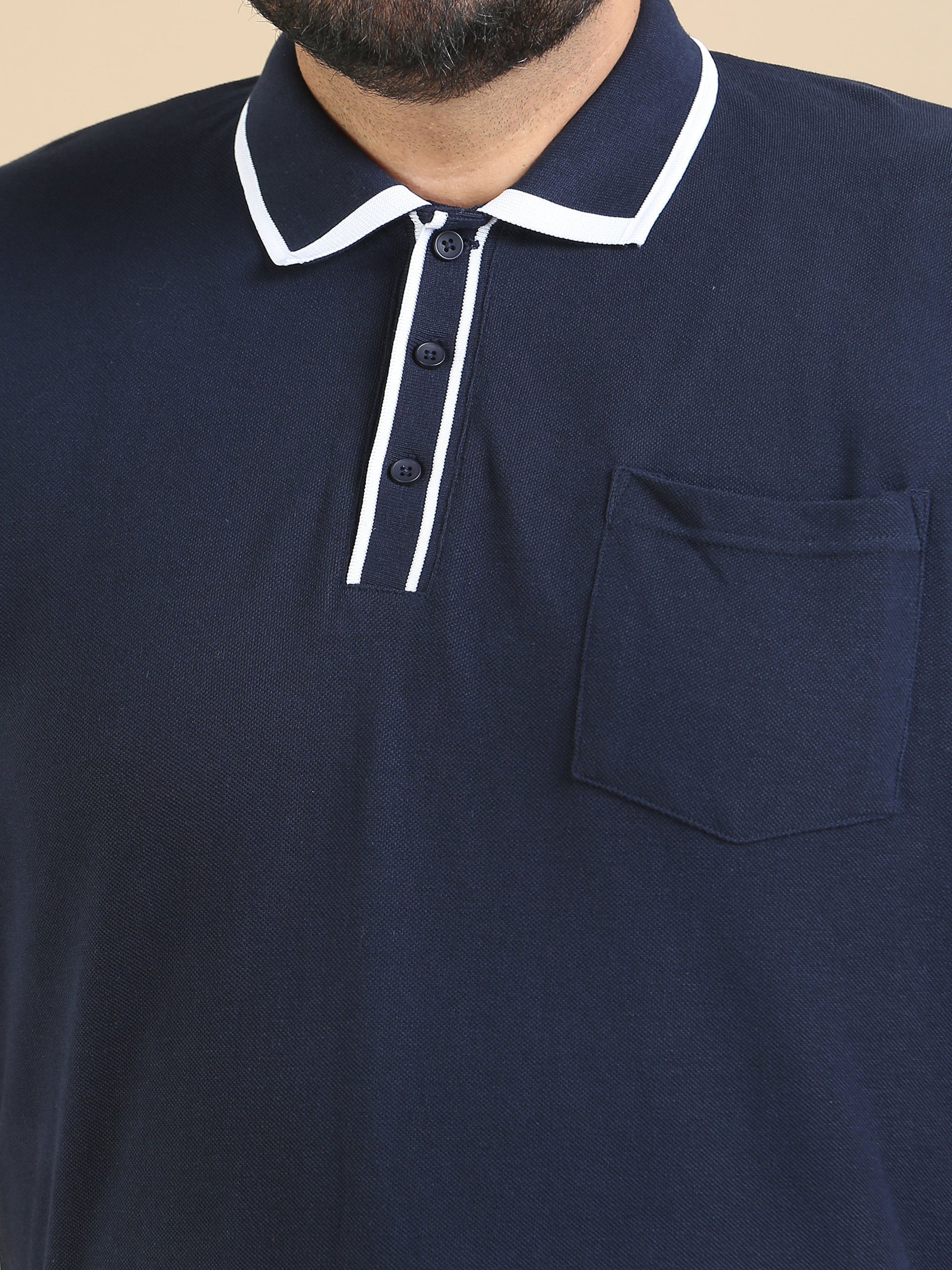 Mens Navy Blue T Shirt Plus Size Contrast Collar Polo 