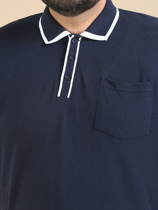 Mens Navy Blue T Shirt Plus Size Contrast Collar Polo 