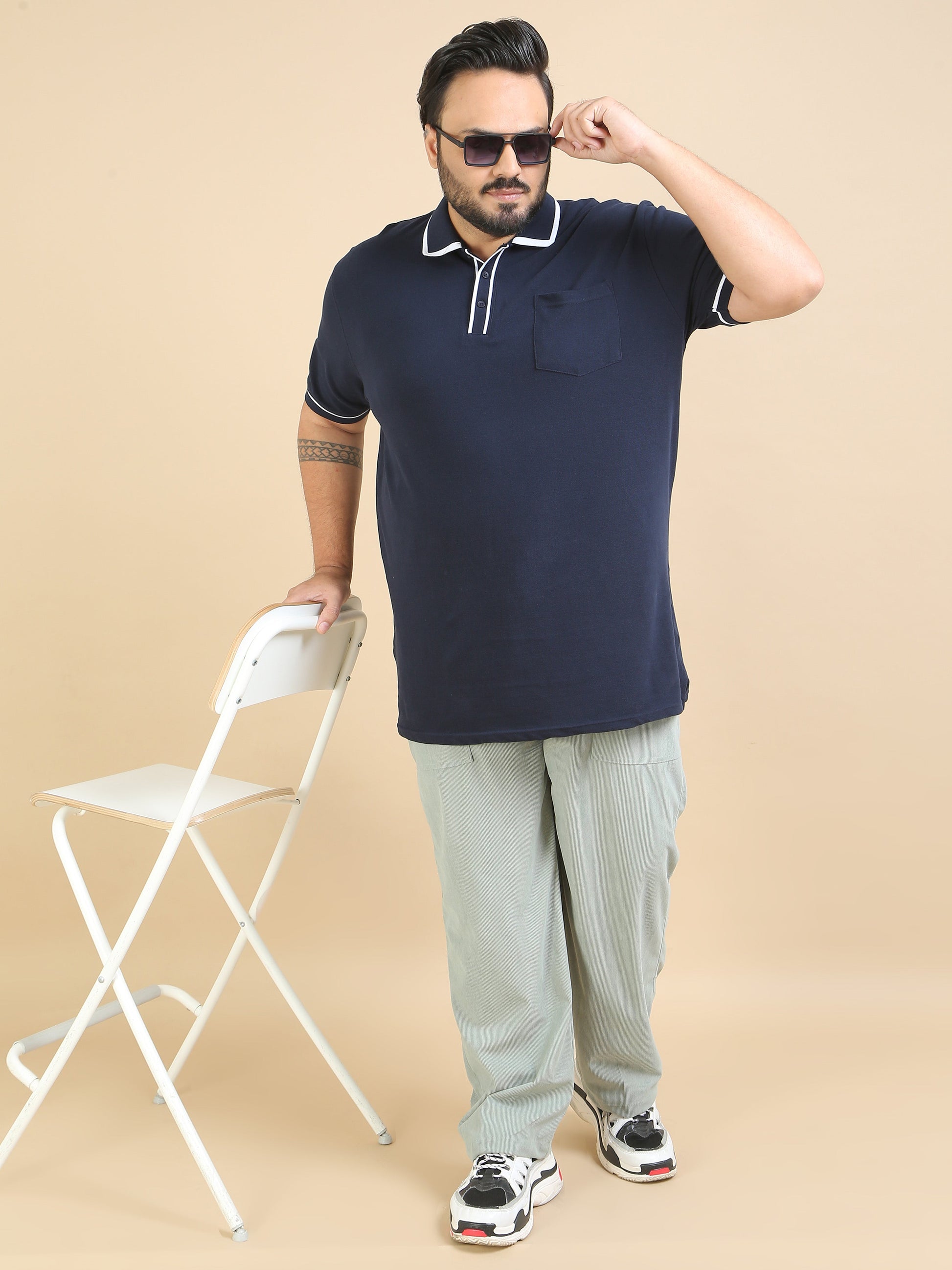 Mens Navy Blue T Shirt Plus Size Contrast Collar Polo 