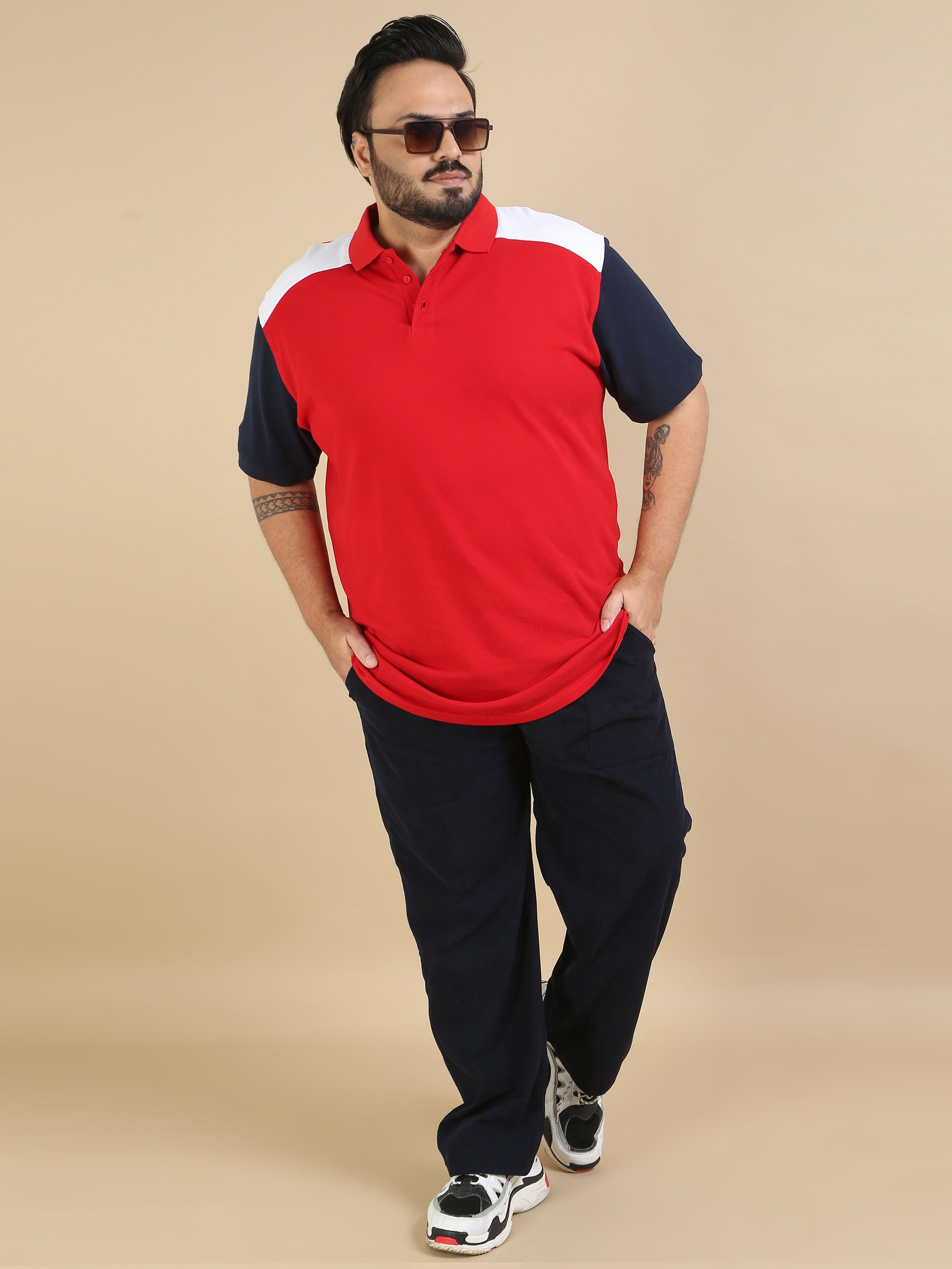 Plus Size Pannel Design Polo Red T Shirts Mens