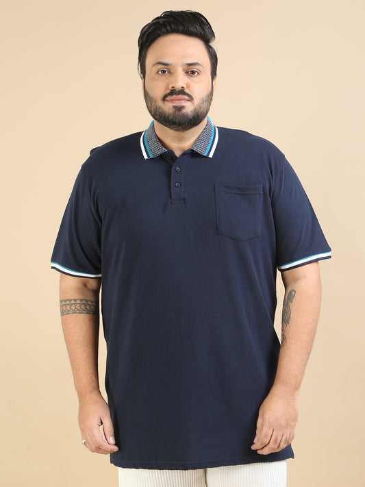 Plus Size Printed Collar T Shirt Navy for Men