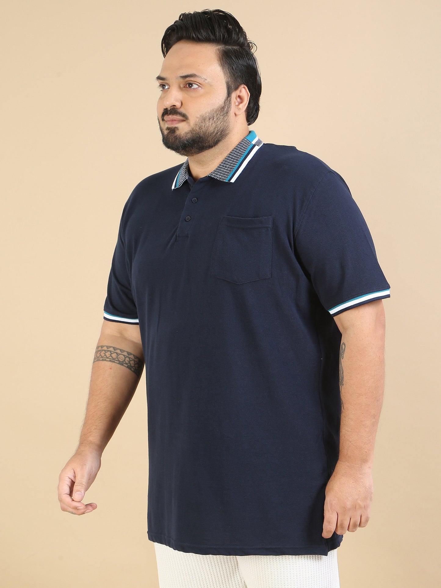 Plus Size Printed Collar T Shirt Navy for Men