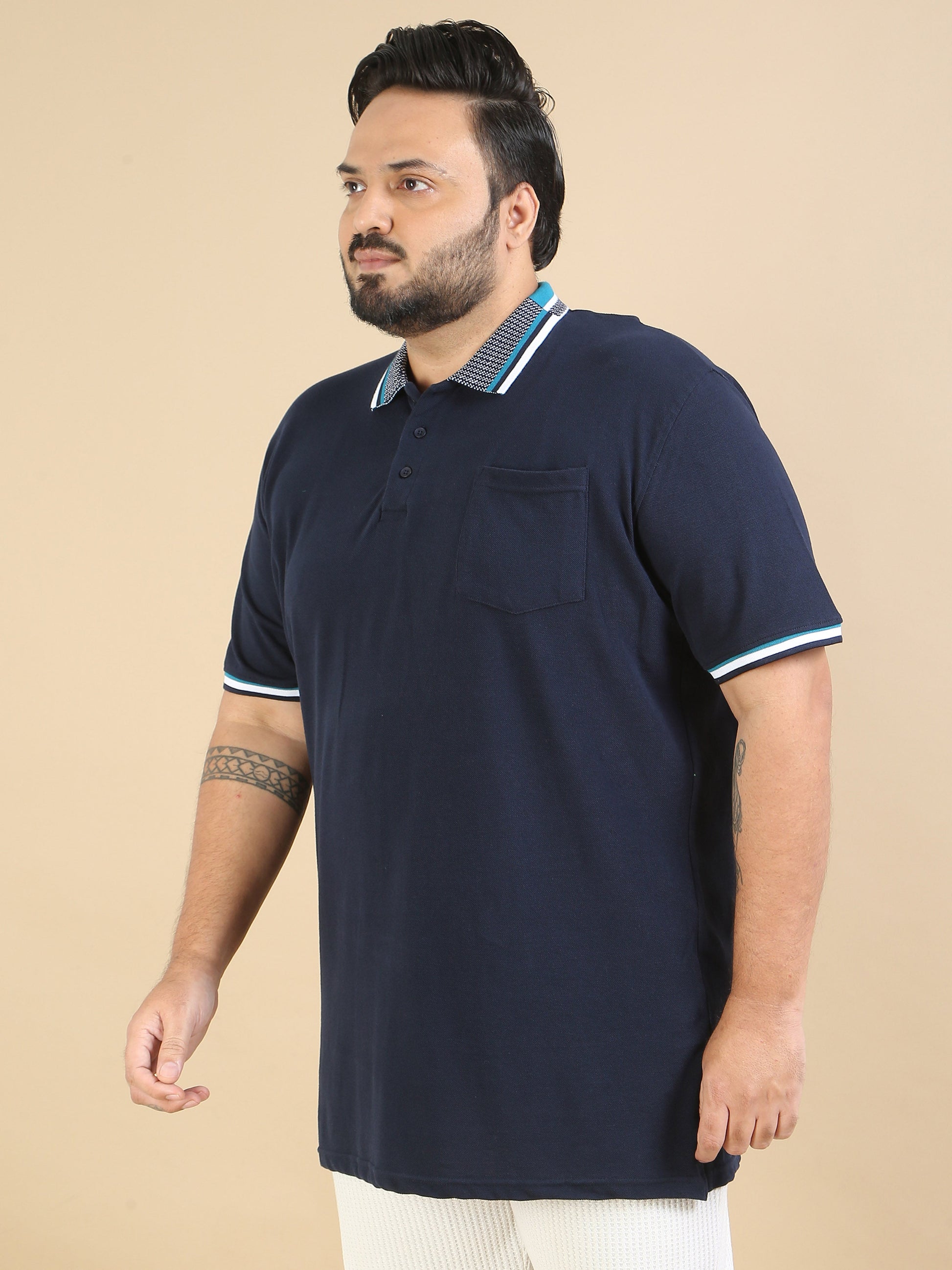 Plus Size Printed Collar T Shirt Navy for Men