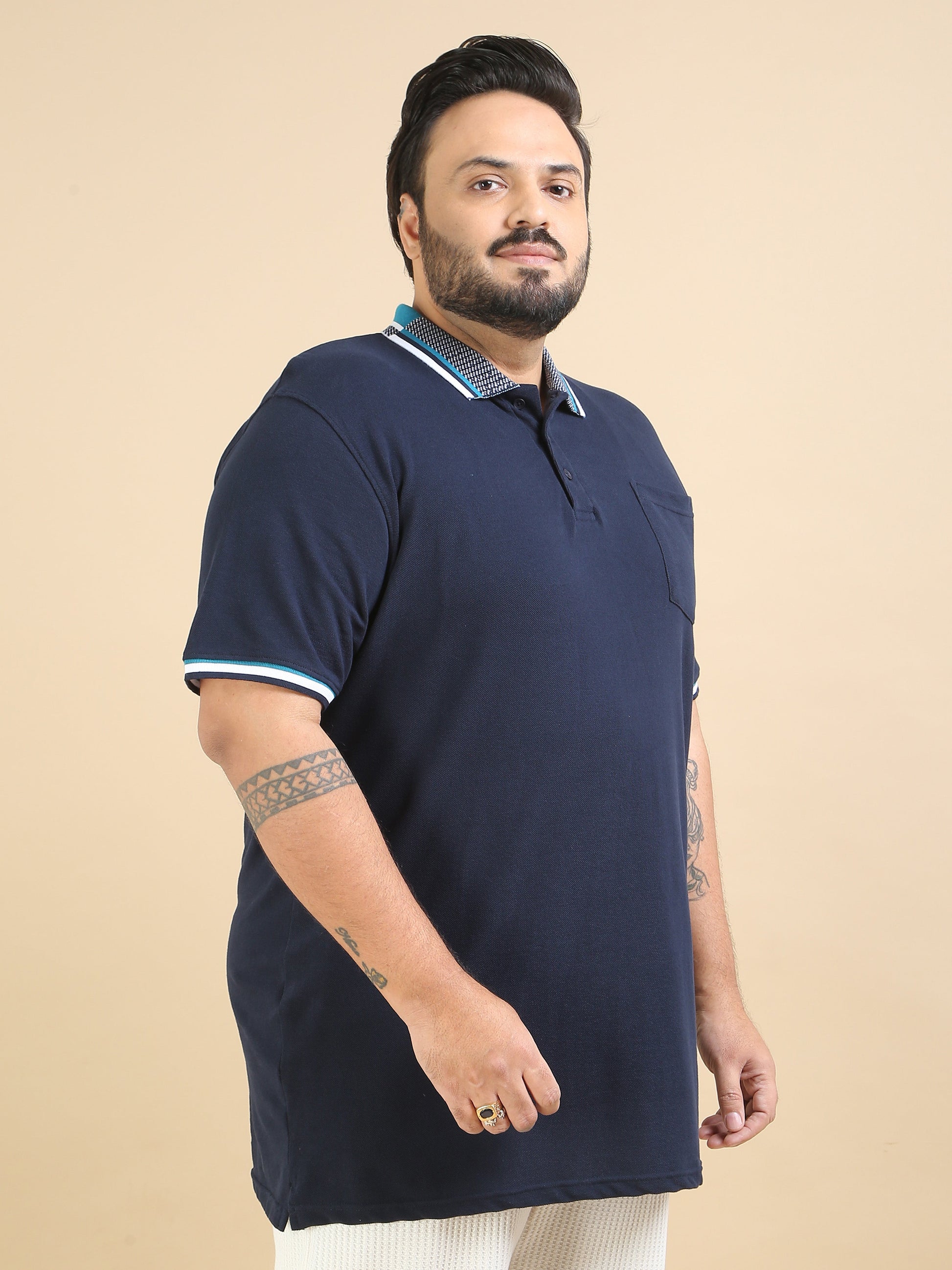 Plus Size Printed Collar T Shirt Navy for Men