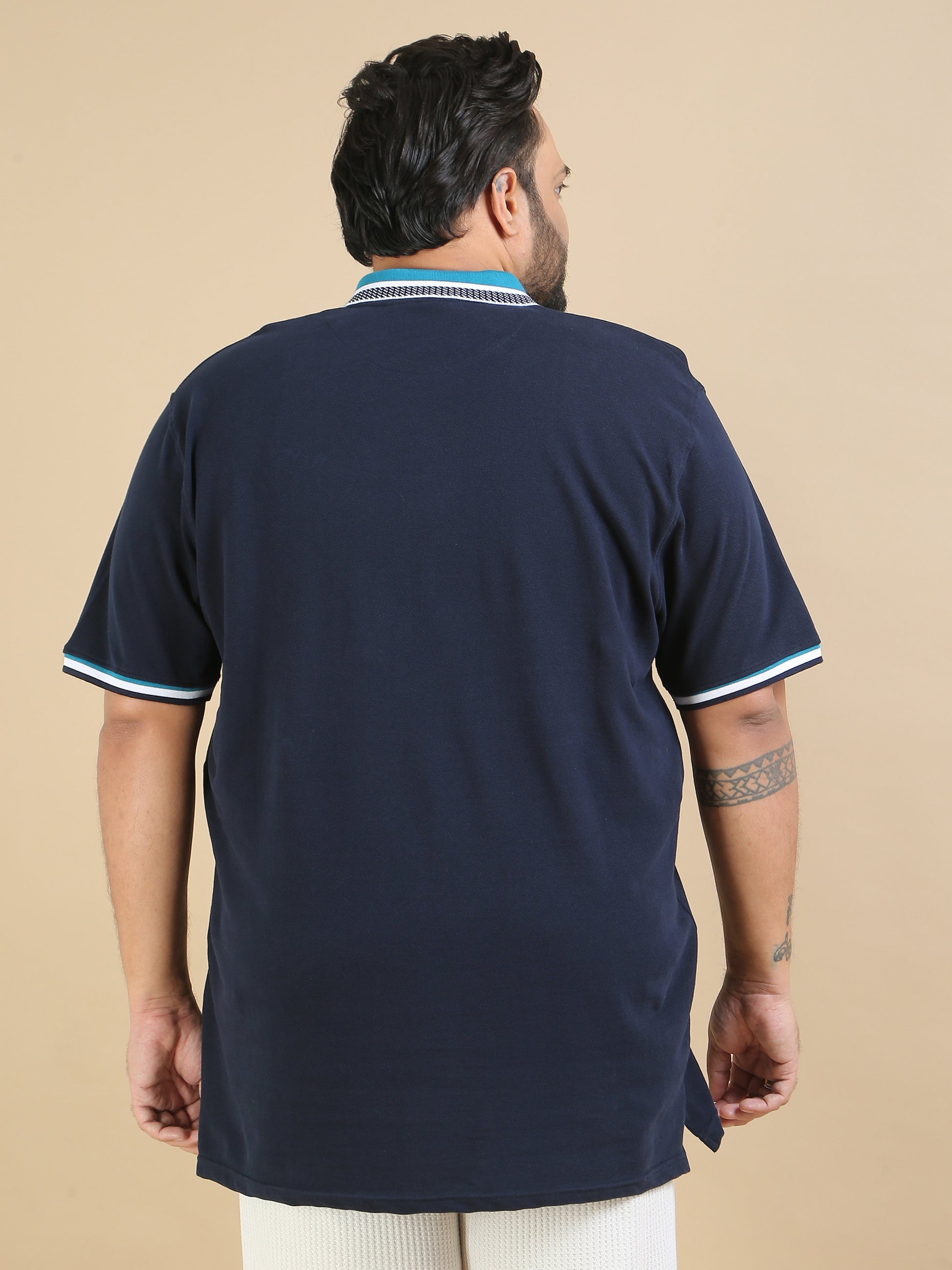 Plus Size Printed Collar T Shirt Navy for Men