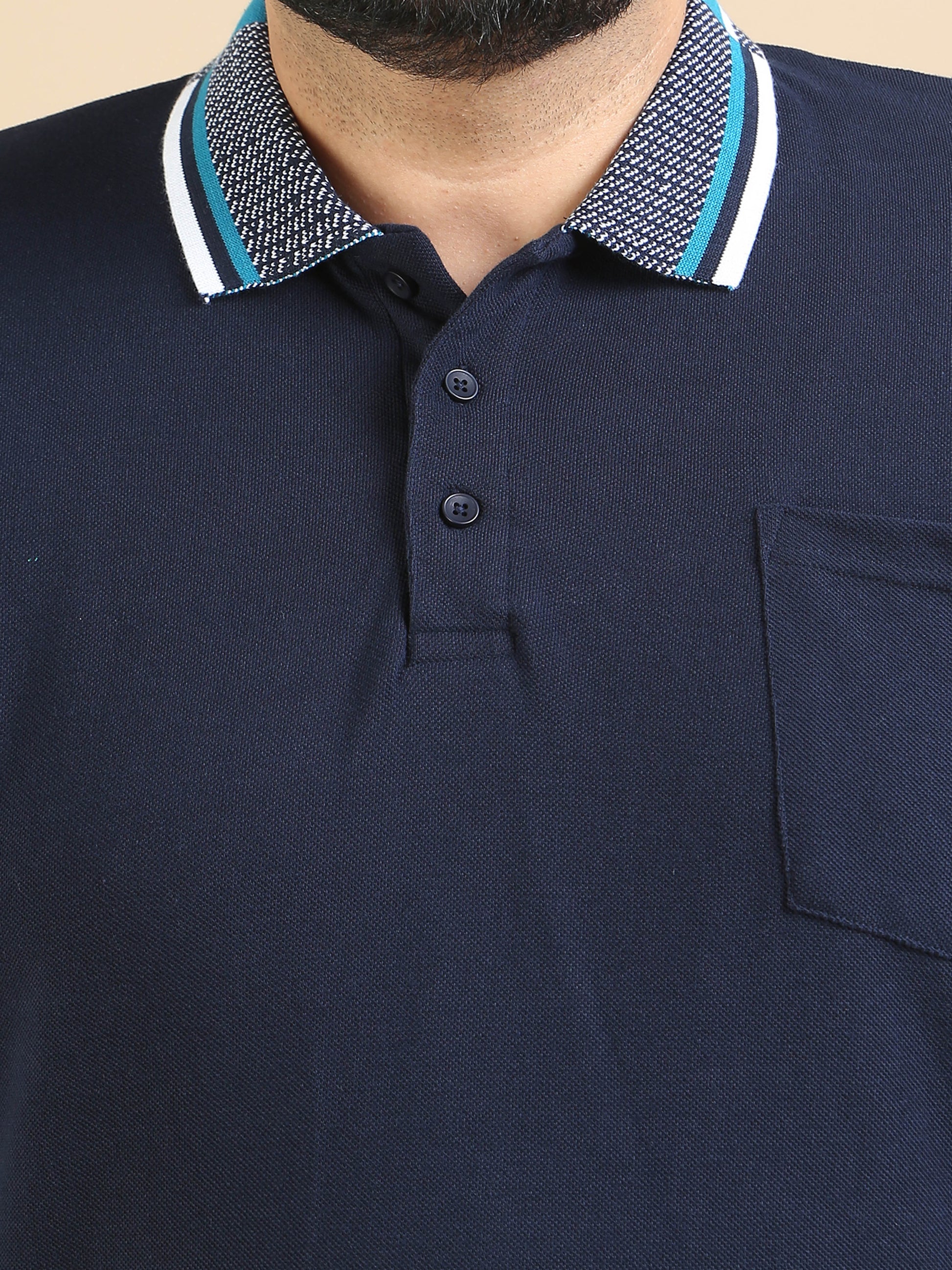 Plus Size Printed Collar T Shirt Navy for Men
