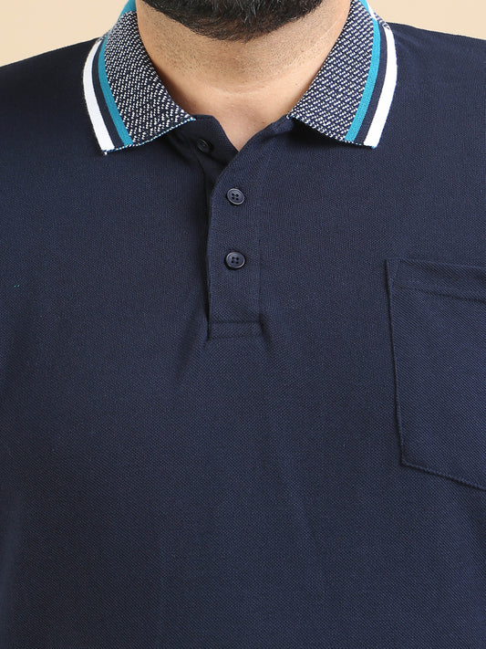 Plus Size Printed Collar T Shirt Navy for Men