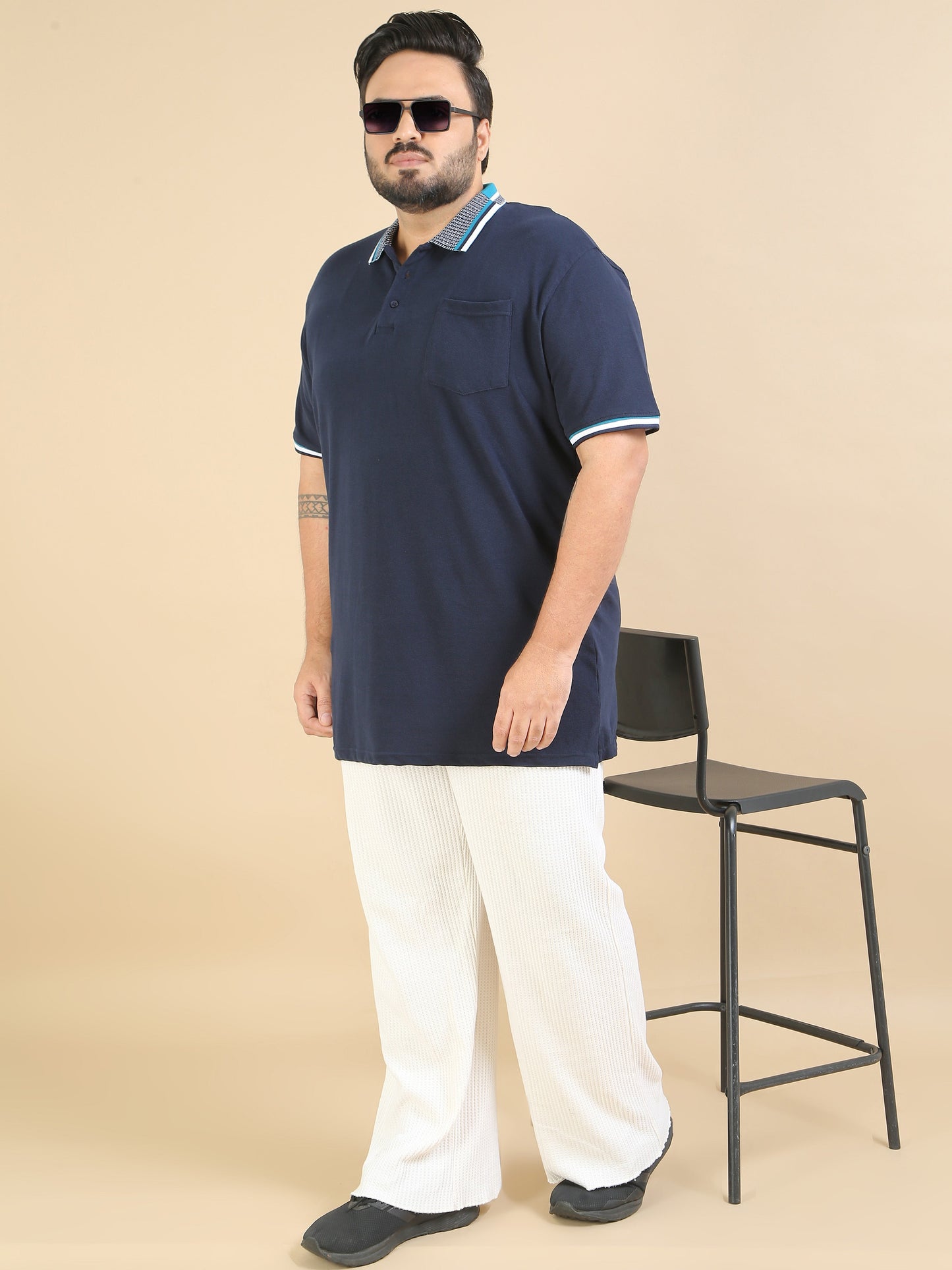 Plus Size Printed Collar T Shirt Navy for Men