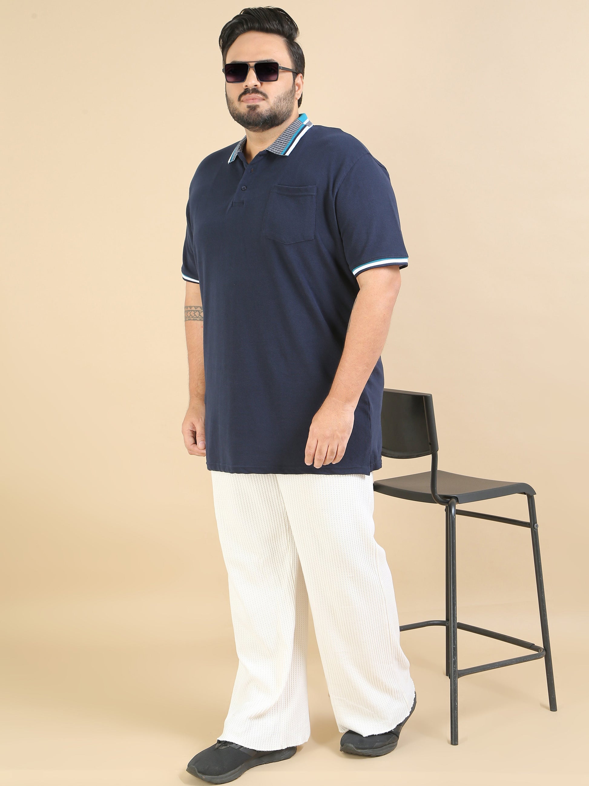 Plus Size Printed Collar T Shirt Navy for Men