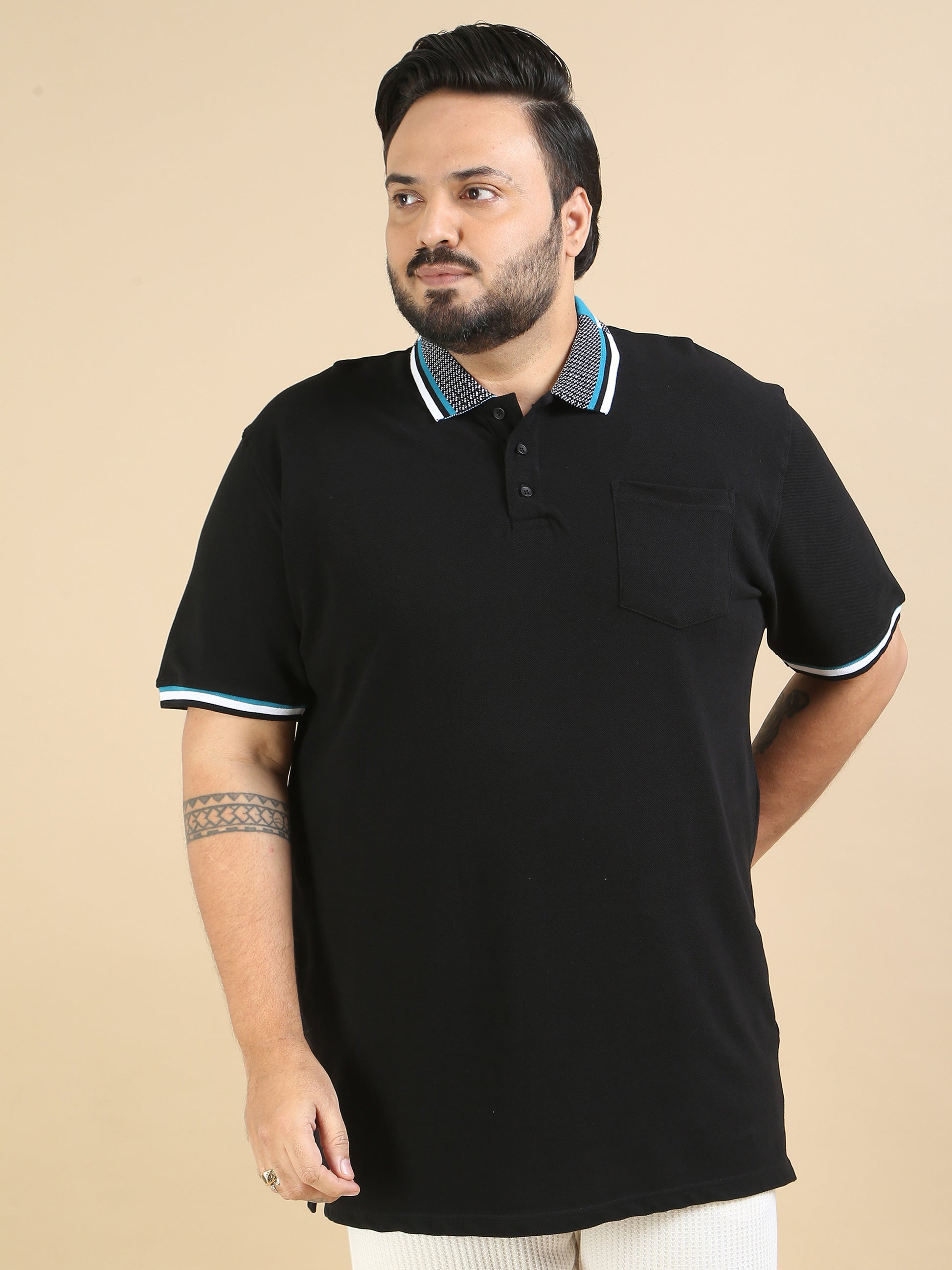 Black Printed Collar Polo Plus Size T Shirt for Men