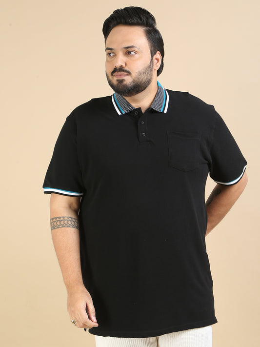 Black Printed Collar Polo Plus Size T Shirt for Men